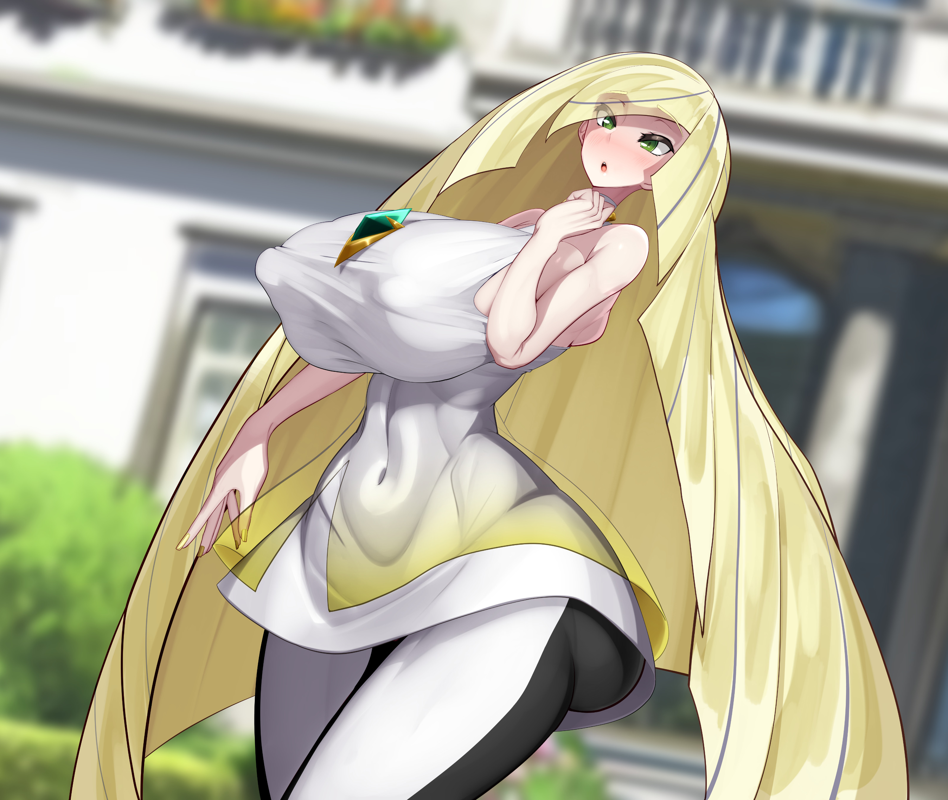 kawahagi-tei, lusamine (pokemon), nintendo, pokemon, pokemon sm, absurdres, highres, 1girl, alternate breast size (larger), blonde hair, breasts, covered navel, dress, green eyes, large breasts, long hair, looking at viewer, navel, open mouth, pants, solo, very long hair, white dress, white pants