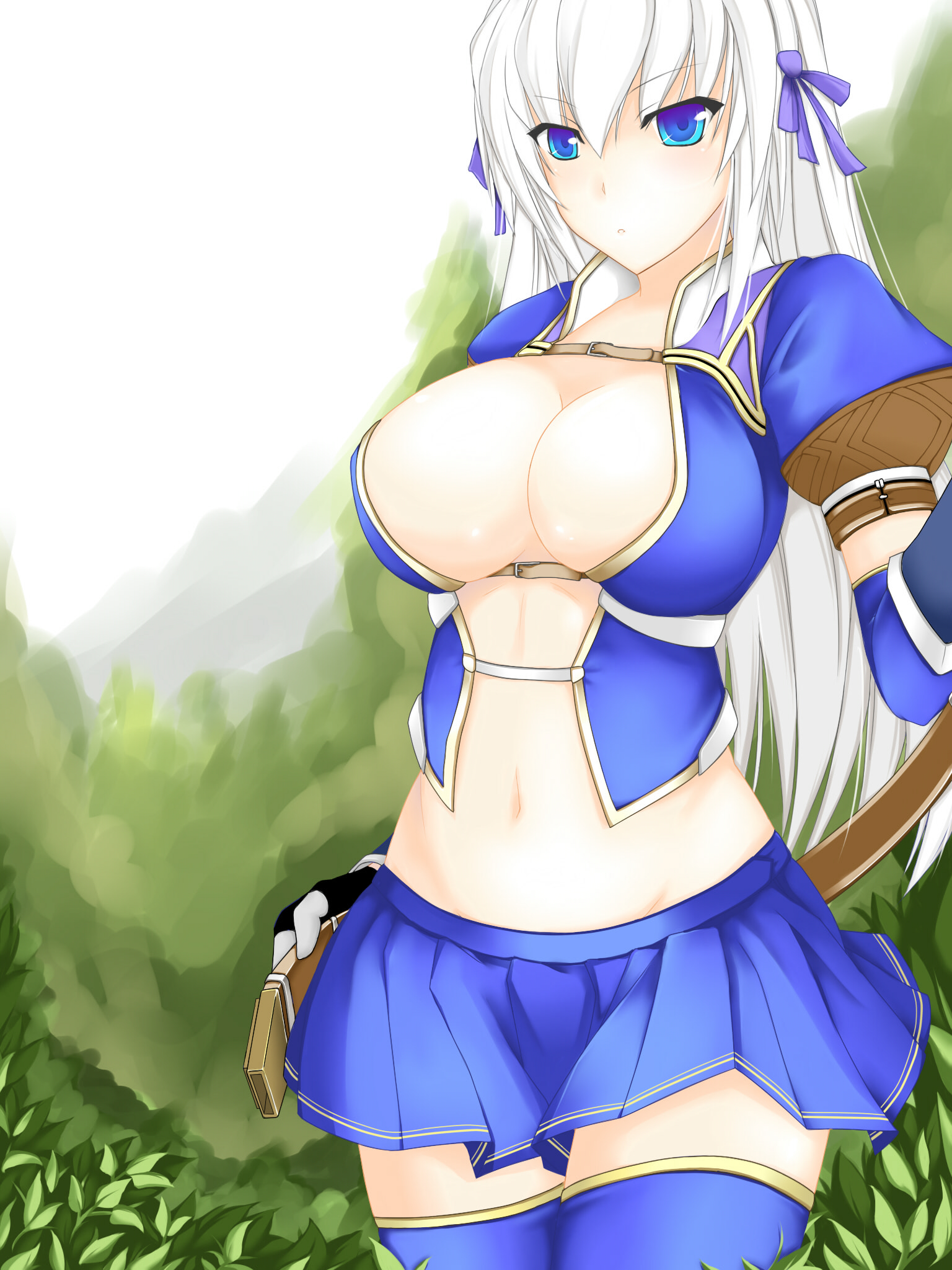 dean (momodean), capcom, monster hunter (series), monster hunter frontier, bad id, bad pixiv id, highres, 1girl, azure (armor), belt, blue eyes, breasts, cleavage, female focus, large breasts, long hair, navel, ribbon, skirt, solo, thighhighs, white hair, zettai ryouiki