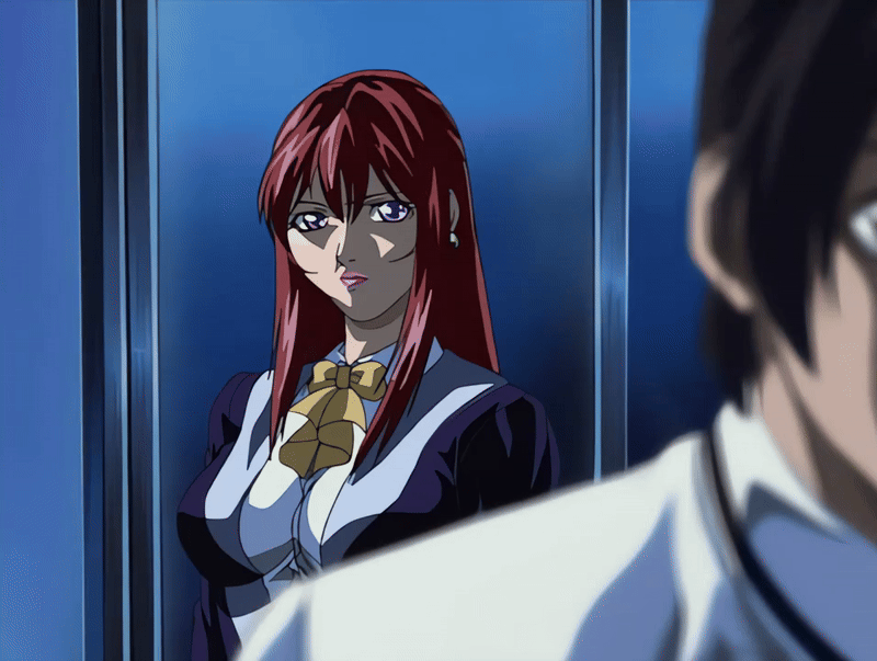 minase taki, takashiro hiroko, bible black, bible black night of the walpulgiss, animated, animated gif, anime screenshot, tagme, 00s, 1boy, 1girl, 2002, age difference, bow, jacket, lipstick, long hair, makeup, mature female, older female and younger male, purple eyes, purple jacket, red hair, shirt, stabed, teacher, teacher and student, white shirt, yellow bow