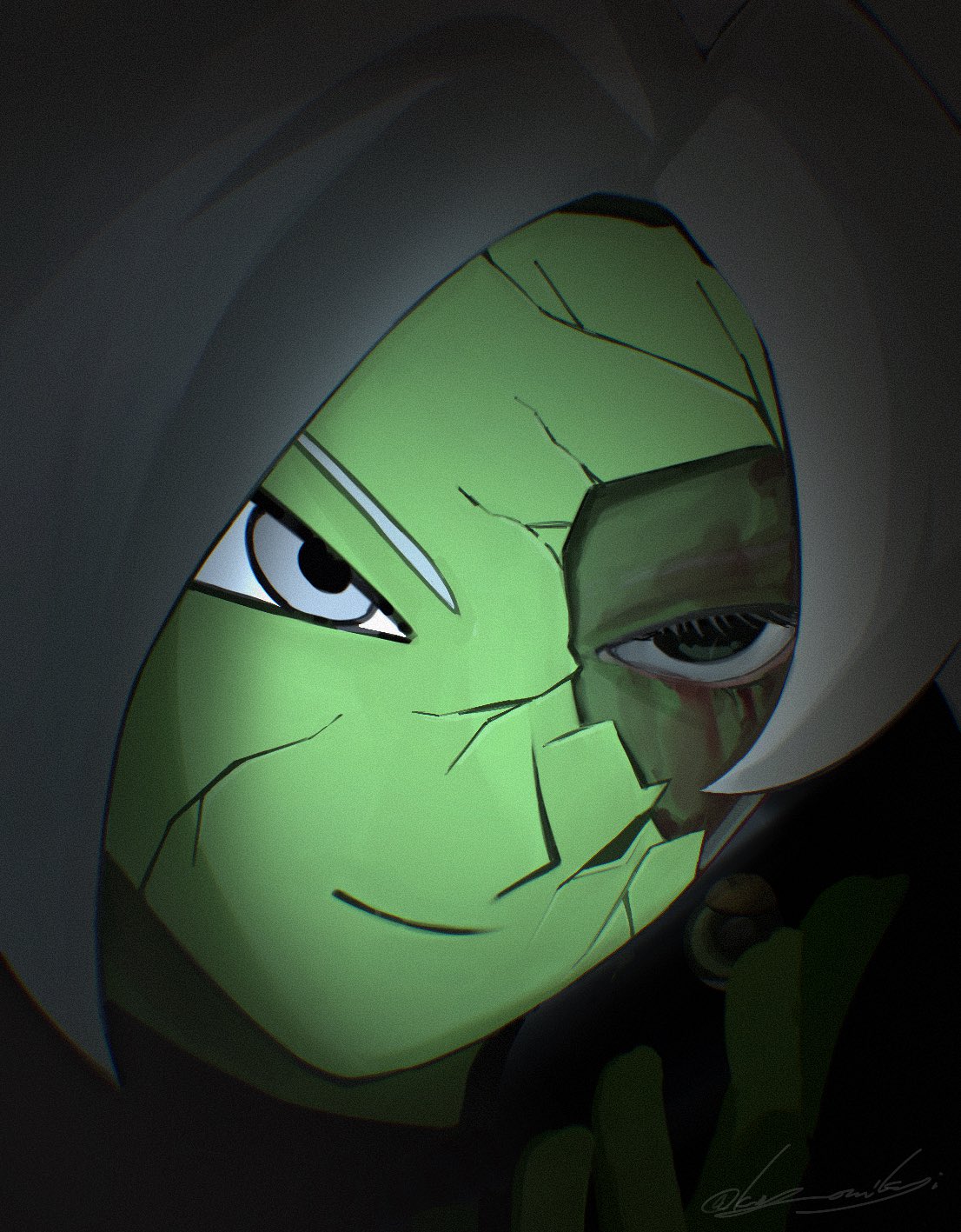 king omikuji, fused zamasu, dragon ball, dragon ball super, 1boy, black bodysuit, blood, blood on face, bodysuit, colored skin, cracked kawaii mask, cracked mask, earrings, eyelashes, green skin, grey eyes, hand up, jewelry, pointy ears, potara earrings, smile, solo, spiked hair, white hair