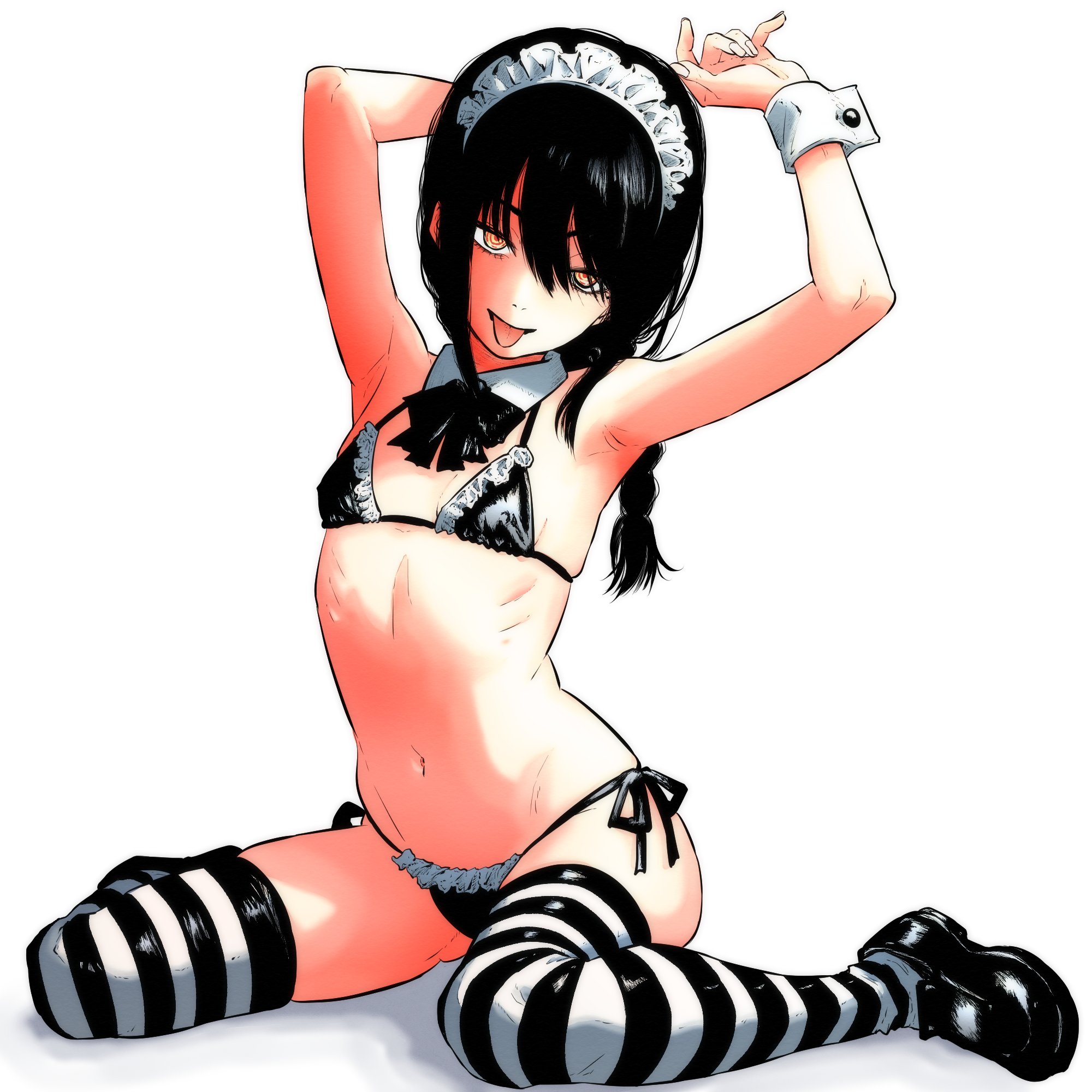 isuke (isuke now), nayuta (chainsaw man), chainsaw man, highres, 1girl, 2025, bare shoulders, bikini, black hair, braid, braided ponytail, collarbone, cuffs, female focus, flat chest, long hair, looking at viewer, maid headdress, navel, ringed eyes, shoes, simple background, stomach, string bikini, striped clothes, striped thighhighs, thighhighs, tongue, tongue out, white background, white wrist cuffs, wrist cuffs, yellow eyes