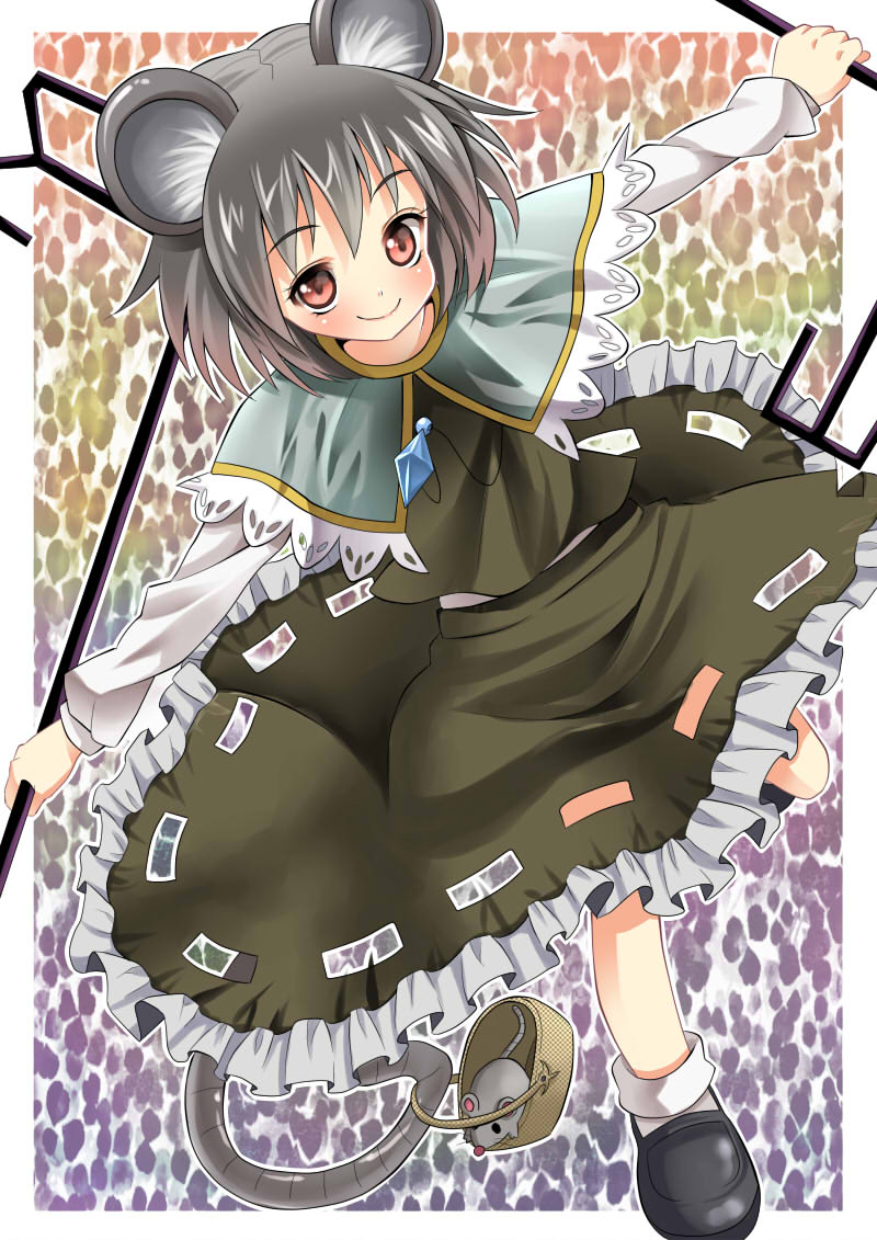 shie, shie (m417), nazrin, touhou, bad id, bad pixiv id, 1girl, animal ears, basket, female focus, grey hair, jewelry, mouse (animal), mouse ears, mouse tail, pendant, red eyes, short hair, solo, tail