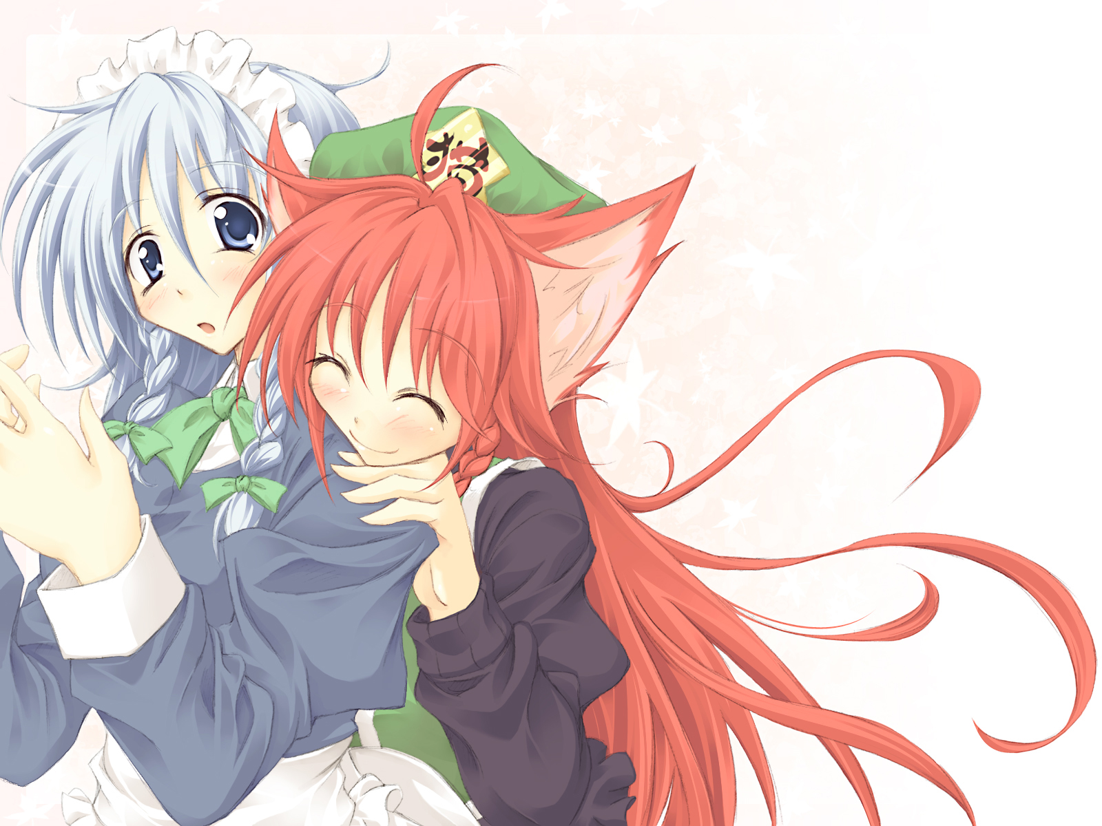 lozelia, hong meiling, izayoi sakuya, embodiment of scarlet devil, touhou, silver hair, bad id, bad pixiv id, highres, 2girls, animal ears, blue eyes, blush, braid, cat ears, cat girl, female focus, hairband, maid, multiple girls, red hair, short hair, twin braids, twintails