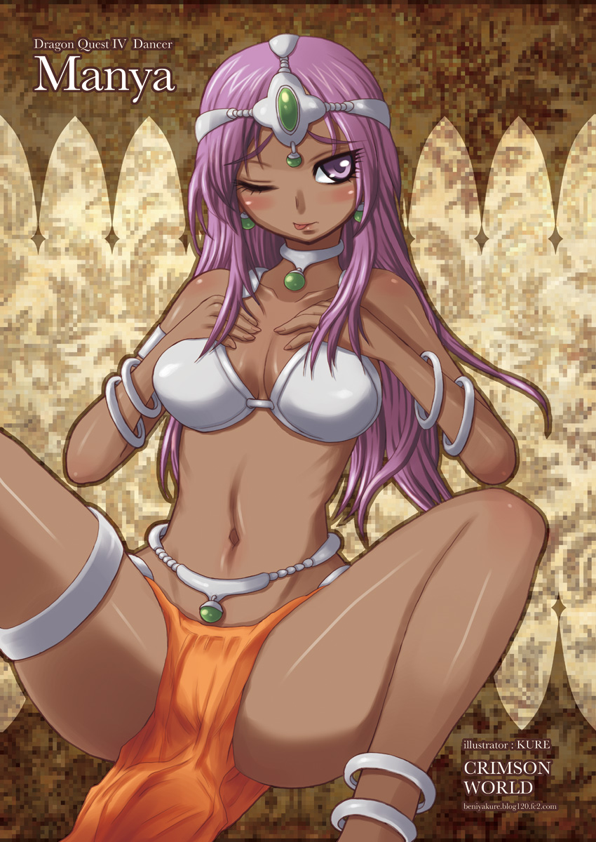 kure (beniya), manya (dq4), chunsoft, dragon quest, dragon quest iv, enix, highres, 1girl, anklet, bikini, blush, bracelet, breasts, circlet, cleavage, dancer, dark-skinned female, dark skin, earrings, female focus, jewelry, large breasts, loincloth, long hair, lots of jewelry, navel, necklace, pelvic curtain, purple eyes, purple hair, solo, spread legs, swimsuit, tongue
