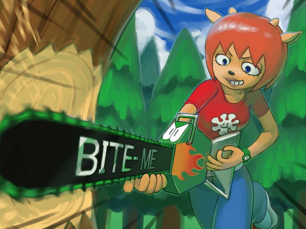 lammy (um jammer lammy), parappa the rapper, um jammer lammy, artist request, 1girl, animal ears, animal nose, blouse, blue eyes, body fur, chainsaw, colored skin, denim, emphasis lines, english text, female focus, furry, furry female, horns, jeans, motion blur, orange skin, pants, print shirt, red hair, red shirt, shirt, solo, you're doing it wrong