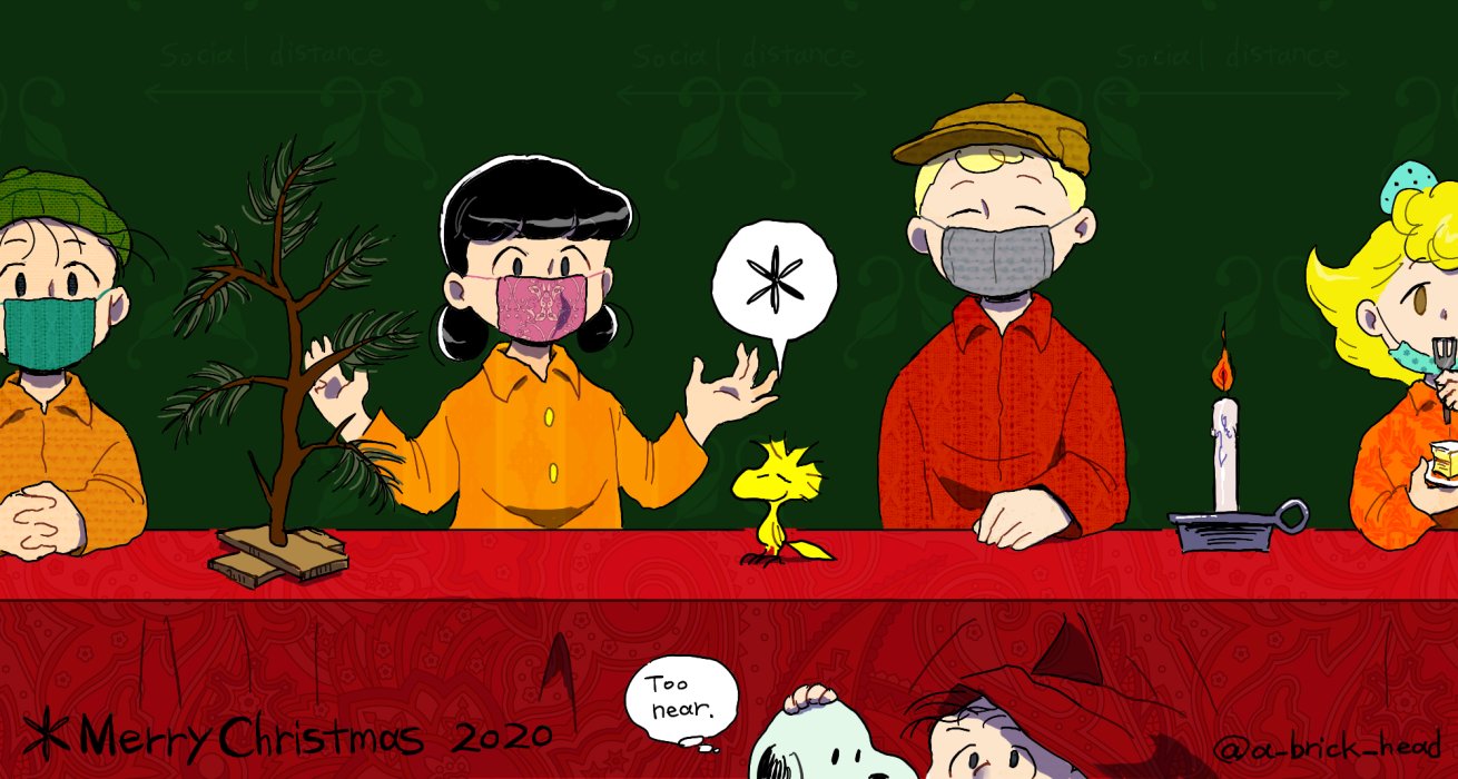 thevigil, charlie brown, linus van pelt, lucy van pelt, rerun van pelt, sally brown, snoopy, woodstock, peanuts (comic), 2girls, 3boys, beanie, black hair, blonde hair, bow, brother and sister, brothers, candle, christmas tree, coat, coronavirus pandemic, dog, hair bow, hat, mask, mouth mask, multiple boys, multiple girls, short hair, siblings, table, tablecloth, under table, winter clothes, winter coat