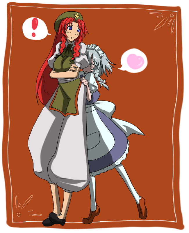 bakuya, hong meiling, izayoi sakuya, embodiment of scarlet devil, touhou, !, 2girls, aged down, breasts, crossed arms, female focus, hat, heart, hug, hug from behind, maid, multiple girls, red hair, smile