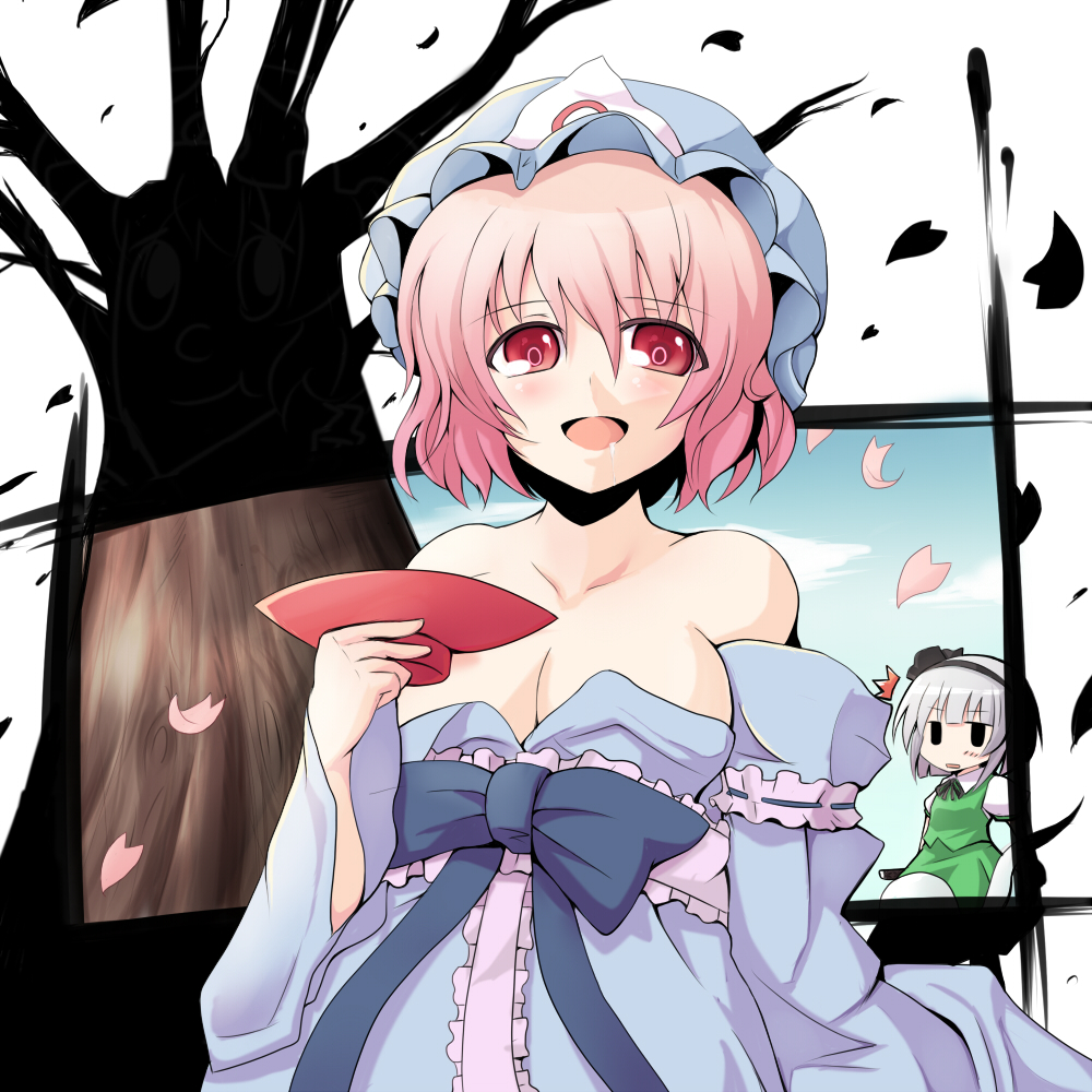 madara, madara (artist), madara hio, konpaku youmu, konpaku youmu (ghost), saigyouji yuyuko, touhou, bad id, bad pixiv id, 2girls, bare shoulders, breasts, cherry blossoms, cleavage, cup, female focus, hairband, hat, medium breasts, multiple girls, pink hair, red eyes, sakazuki, short hair, tree