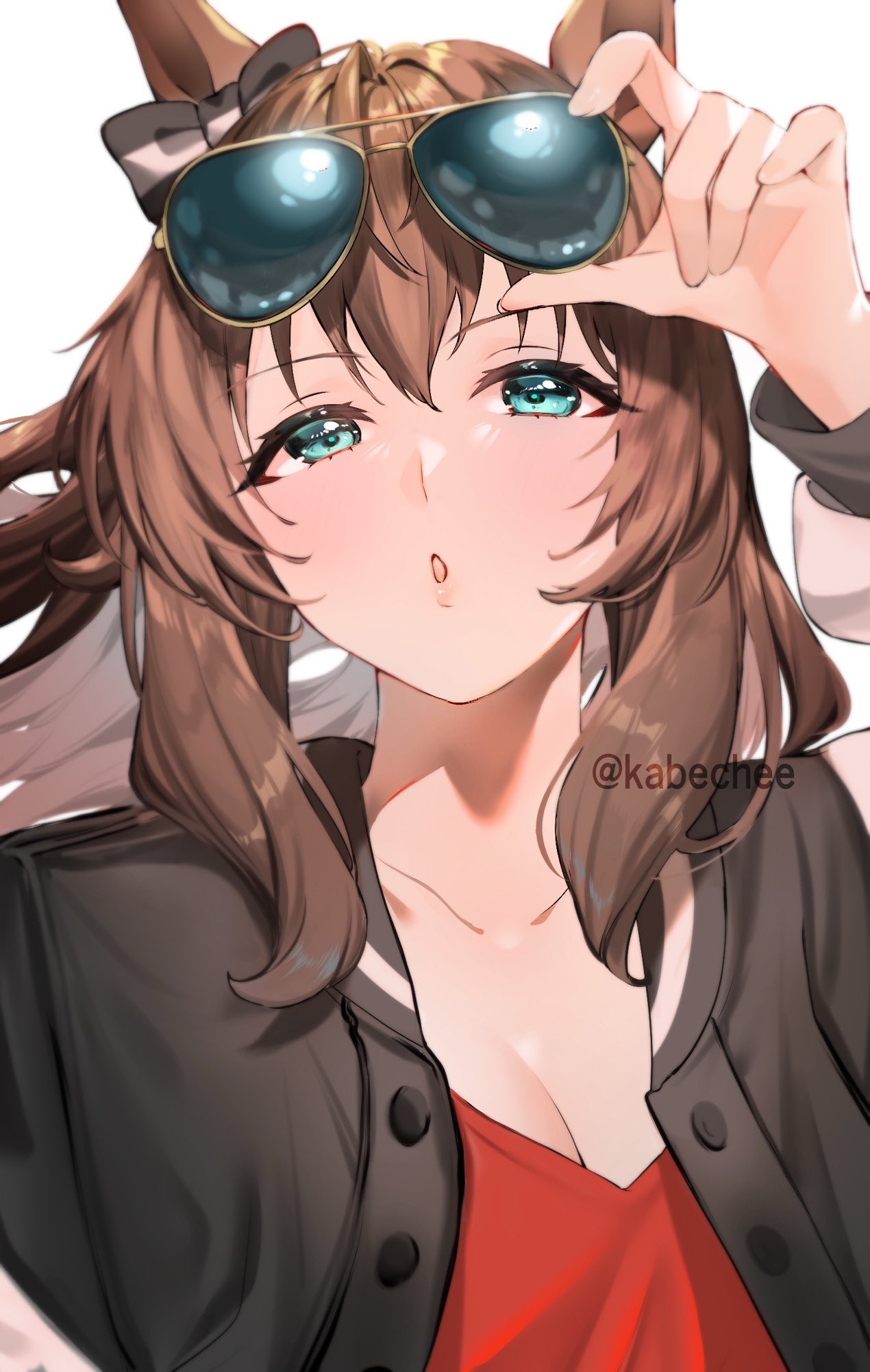 chikabe, maruzensky (umamusume), umamusume, highres, 1girl, adjusting eyewear, animal ears, aviator sunglasses, black jacket, blue eyes, blush, bow, breasts, brown hair, cleavage, collarbone, ear bow, eyewear on head, green eyes, hair between eyes, horse ears, horse girl, jacket, large breasts, long hair, long sleeves, looking at viewer, parted lips, red shirt, shirt, solo, sunglasses