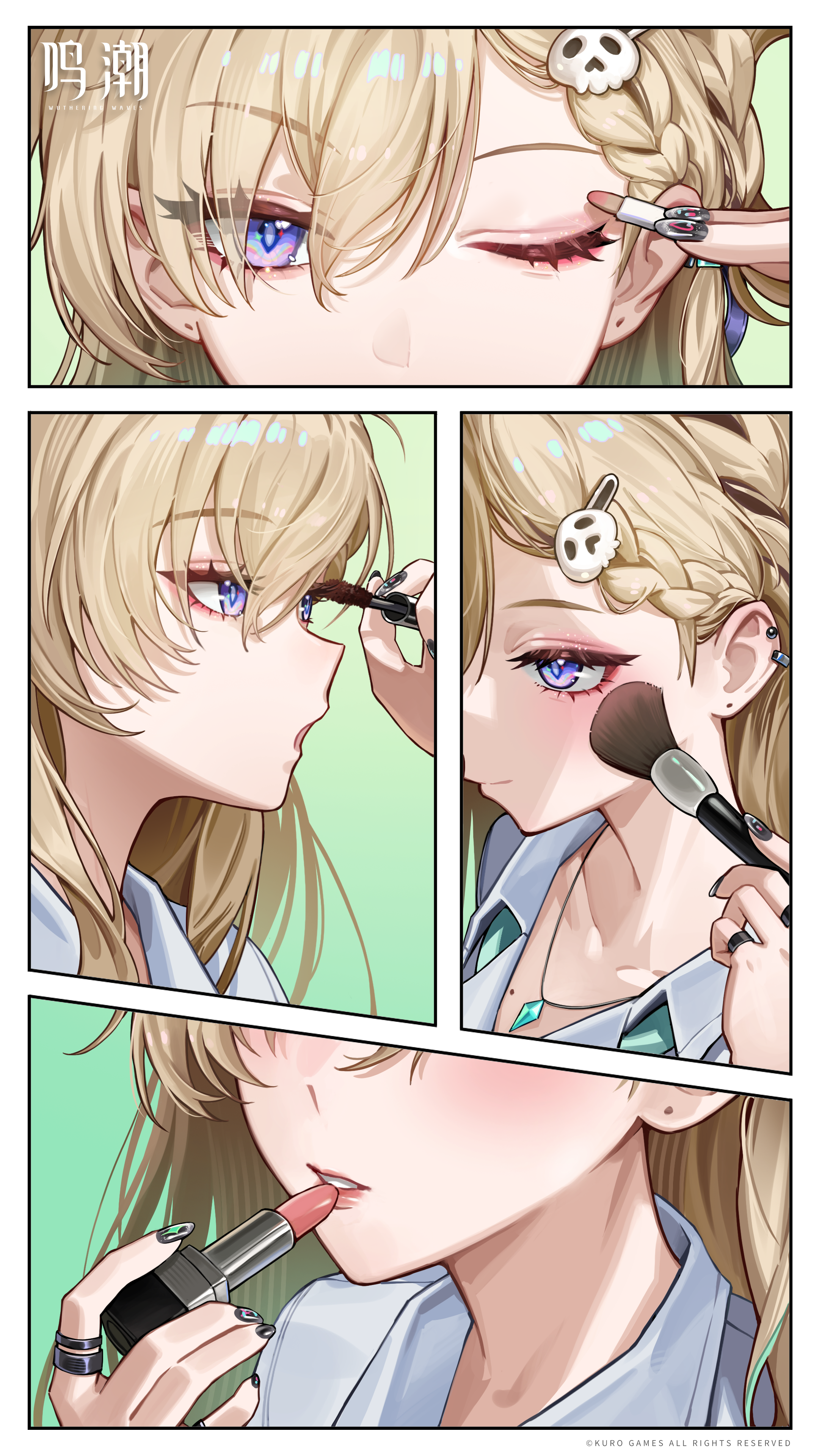 lynae (wuthering waves), wuthering waves, absurdres, highres, official art, 1girl, applying makeup, black nails, blonde hair, braid, braided bangs, closed mouth, collarbone, fingernails, hair between eyes, hair ornament, holding, holding brush, holding makeup brush, jewelry, logo, long fingernails, long hair, looking at viewer, makeup brush, nail polish, necklace, one eye closed, open mouth, purple eyes, red lips, shirt, skull hair ornament, smile, white shirt