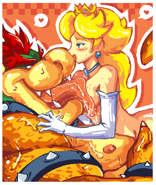 bo-gilliam, bowser, princess peach, mario (series), nintendo, super mario bros. 1, 1girl, blonde hair, blue eyes, blush, breasts, choker, cowgirl position, crown, earrings, elbow gloves, girl on top, gloves, hat, interspecies, jewelry, licking, licking breast, monster, nipples, nude, saliva, sex, straddling, sweat, tongue, vaginal