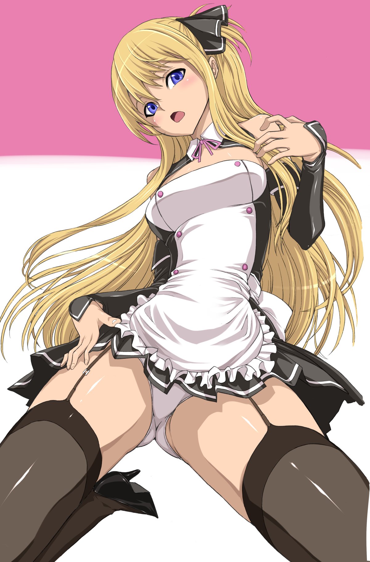 hakaba (dairiseki), mian (dream c club), shalon, dream c club, dream c club (series), quiz magic academy, highres, 1girl, artistic error, bad anatomy, bad hands, bad leg, blonde hair, blue eyes, bow, cosplay, female focus, garter belt, garter straps, hair bow, high heels, long hair, mian (dream c club) (cosplay), open mouth, panties, pantyshot, poorly drawn, shoes, solo, thighhighs, underwear, white panties
