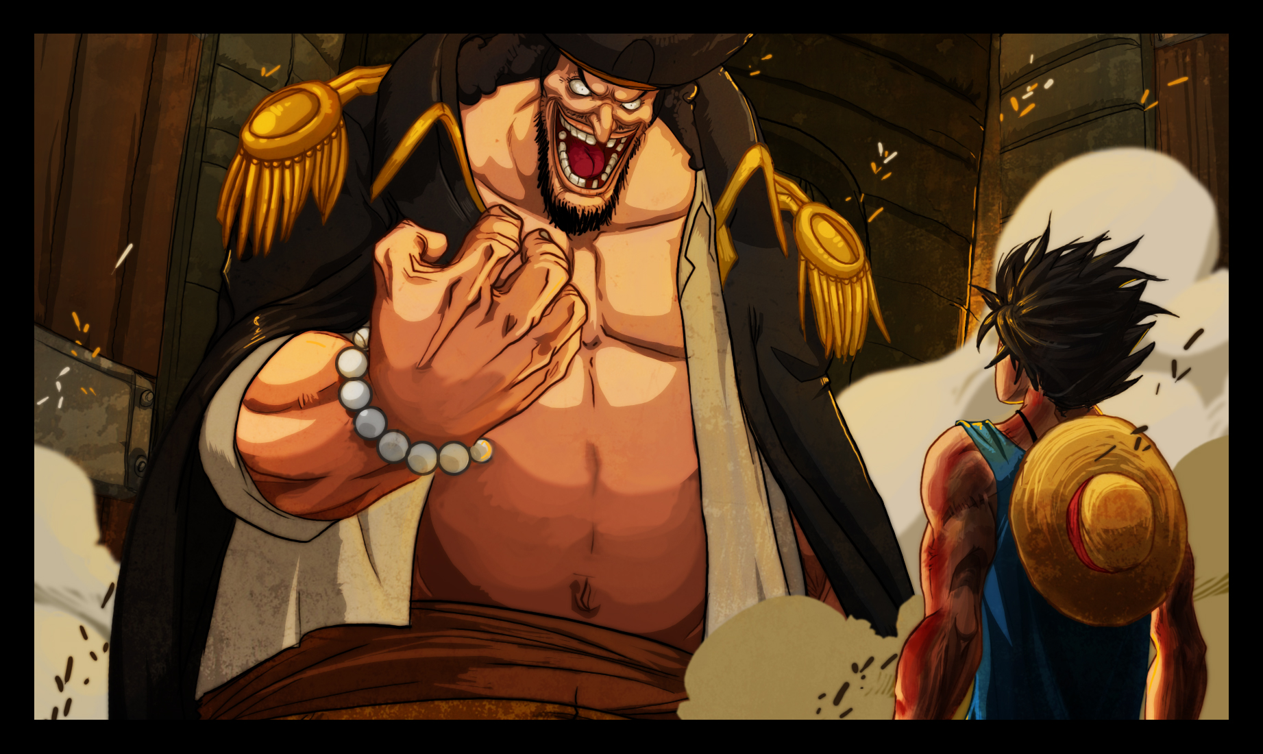 gandaresh, marshall d. teach, monkey d. luffy, one piece, highres, 2boys, beard, black hair, bracelet, clenched hand, coat, dust, epaulettes, epic, evil smile, facial hair, fighting, hat, jewelry, male focus, missing tooth, multiple boys, muscular, open clothes, open mouth, open shirt, pirate, sash, shirt, short hair, smile, straw hat