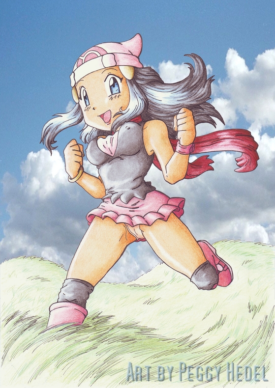 peggy hedel, dawn (pokemon), nintendo, pokemon, blue eyes, boots, breasts, cloud, field, grass, happy, hat, kneehighs, open mouth, scarf, sky, socks