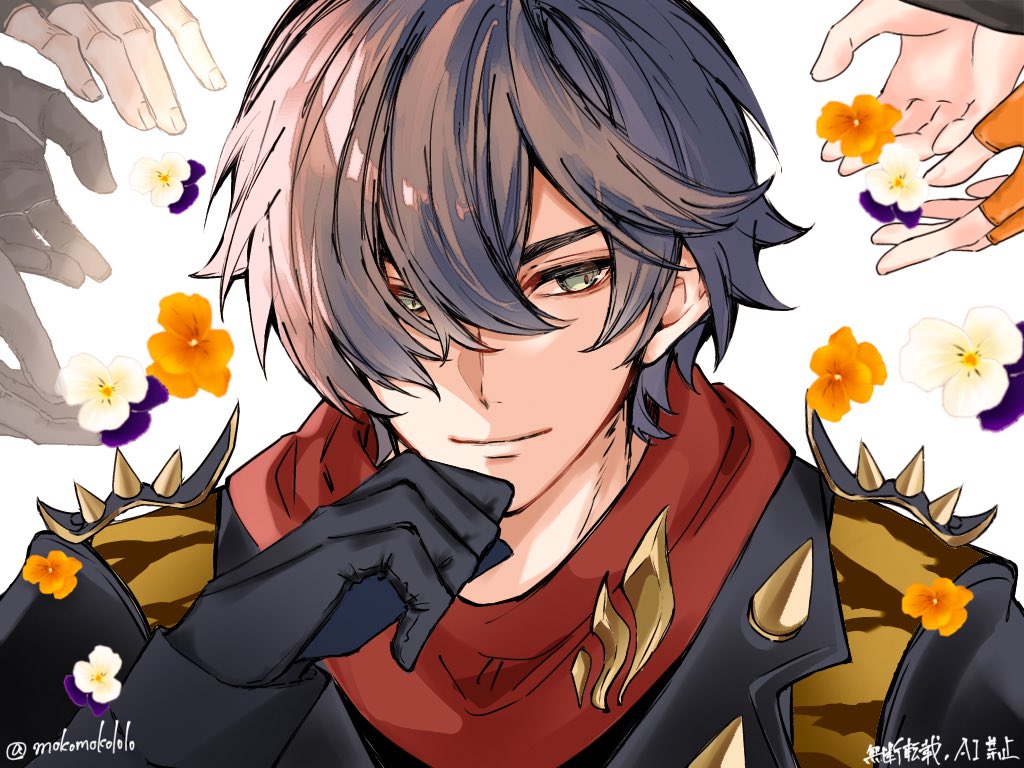 lighter (zenless zone zero), zenless zone zero, commentary request, 1boy, arm up, black gloves, black jacket, flower, gloves, jacket, lapels, male focus, mokomokololo, notched lapels, orange flower, red scarf, scarf, solo focus, spiked jacket, twitter username, upper body, watermark, white background, white flower