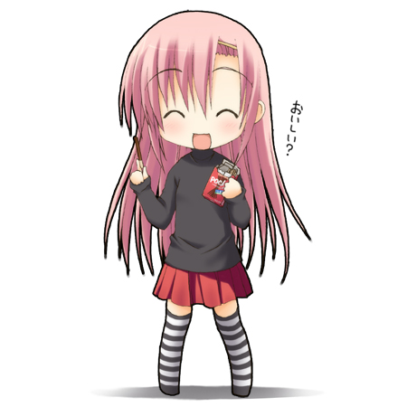 kohinata sora, katsura hinagiku, hayate no gotoku!, lowres, 00s, casual, chibi, closed eyes, food, long hair, pink hair, pocky, solo, striped clothes, striped thighhighs, thighhighs, zettai ryouiki