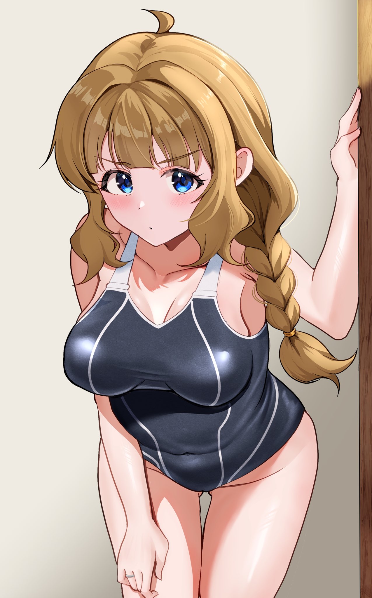 tanukiinu005, suou momoko, idolmaster, idolmaster million live!, idolmaster million live! theater days, highres, 1girl, aged up, ahoge, black one-piece swimsuit, blue eyes, blush, body blush, braid, breasts, brown hair, cleavage, closed mouth, collarbone, covered navel, cowboy shot, curtained hair, dot nose, eyelashes, hair tie, hand on own thigh, hand up, indoors, jewelry, large breasts, long hair, low-braided long hair, low-tied long hair, official alternate costume, one-piece swimsuit, ring, sideboob, sidelocks, single braid, solo, swimsuit, v-shaped eyebrows, wave makers! (idolmaster), wavy hair