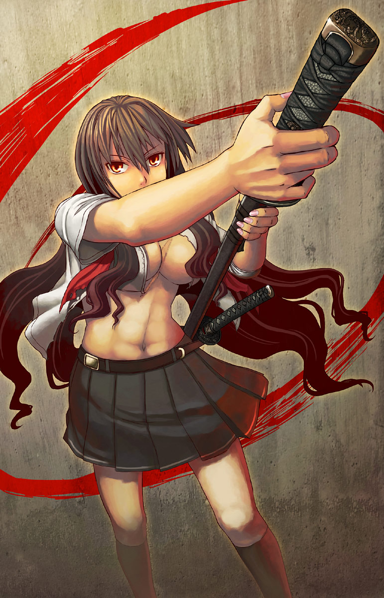 itou (onsoku tassha), original, highres, 1girl, abs, breasts, brown hair, female focus, katana, long hair, navel, open clothes, open shirt, red eyes, scar, shirt, skirt, solo, sword, weapon
