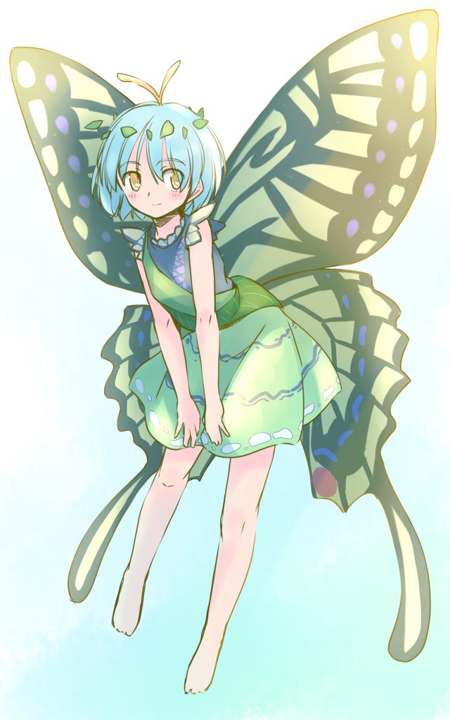 rangycrow, eternity larva, touhou, commentary request, 1girl, antennae, barefoot, black shirt, blue hair, blush, butterfly wings, fairy, full body, green skirt, hair ornament, insect wings, knees, leaf hair ornament, one-hour drawing challenge, shirt, sideways glance, skirt, sleeveless, sleeveless shirt, smile, solo, split mouth, sun glare, wings, yellow eyes