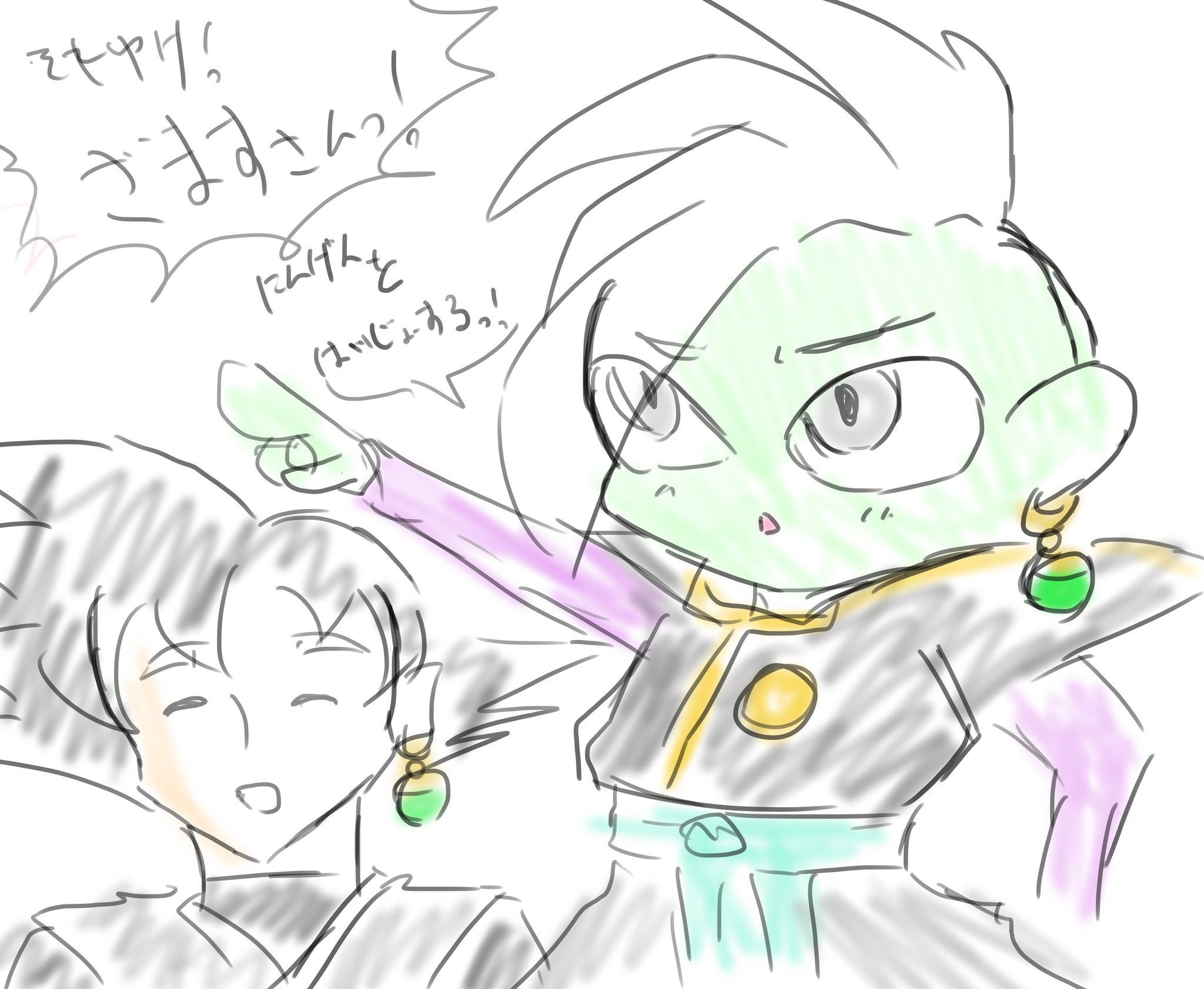 rakoyaki, goku black, zamasu, dragon ball, dragon ball super, 2boys, black bodysuit, black hair, blue sash, bodysuit, chibi, colored skin, dougi, earrings, green skin, grey eyes, jewelry, long sleeves, looking ahead, mohawk, multiple boys, pointing, pointy ears, potara earrings, purple shirt, saiyan, sash, shirt, short hair, spiked hair, white hair