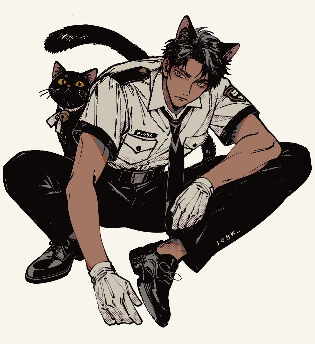 1o8k, original, commentary, english commentary, highres, 1boy, animal, animal ears, bell, black cat, black hair, black pants, black shoes, breast pocket, cat, cat boy, cat ears, cat tail, closed mouth, collared shirt, dark-skinned male, dark skin, dress shoes, frown, gloves, invisible chair, looking to the side, male focus, neck bell, neck ribbon, pants, parted hair, pocket, ribbon, shirt, shoes, short hair, short sleeves, sideways glance, sitting, solo, tail, white gloves, white ribbon, white shirt, wing collar, yellow eyes