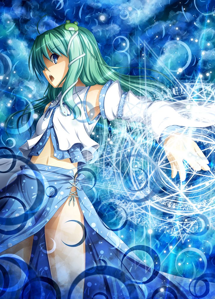 akashio (loli ace), kochiya sanae, touhou, 1girl, armpits, blue eyes, detached sleeves, female focus, frog, green hair, hair ornament, japanese clothes, long hair, magic circle, midriff, miko, navel, no panties, snake, solo