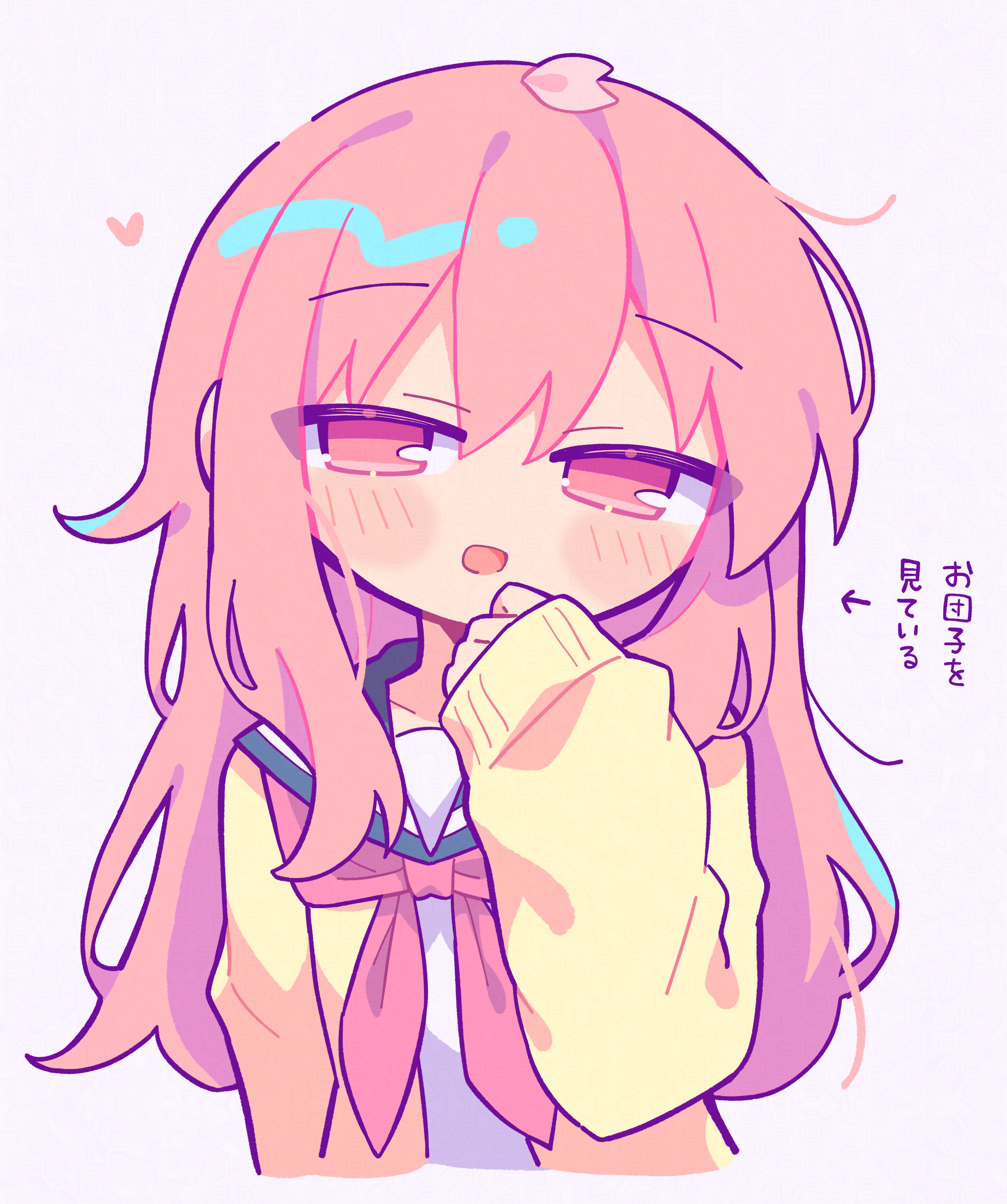 richard (richaball), original, absurdres, commentary request, highres, translation request, 1girl, :d, blue sailor collar, blush stickers, cardigan, cropped torso, long hair, long sleeves, looking at viewer, neckerchief, open cardigan, open clothes, open mouth, petals, pink eyes, pink hair, red neckerchief, sailor collar, school uniform, serafuku, simple background, sleeves past wrists, smile, solo, squeans, white background, yellow cardigan