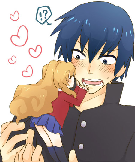 toshi (runbarunba), aisaka taiga, takasu ryuuji, toradora!, 00s, 1boy, 1girl, black eyes, blue eyes, blush, brown eyes, brown hair, mini person, minigirl, school uniform, smile