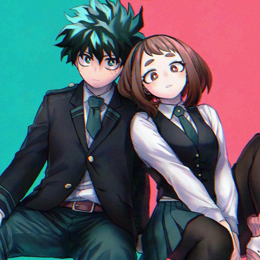 hk (nt), midoriya izuku, uraraka ochako, boku no hero academia, 1boy, 1girl, belt, black jacket, black pantyhose, black vest, breasts, brown belt, brown eyes, brown hair, closed mouth, collared shirt, freckles, green background, green eyes, green hair, green necktie, green pants, green skirt, jacket, leaning on person, medium breasts, medium hair, necktie, pants, pantyhose, parted lips, pink background, shirt, shoes, short hair, skirt, sneakers, suit jacket, thick eyebrows, v arms, vest, white shirt, white shoes