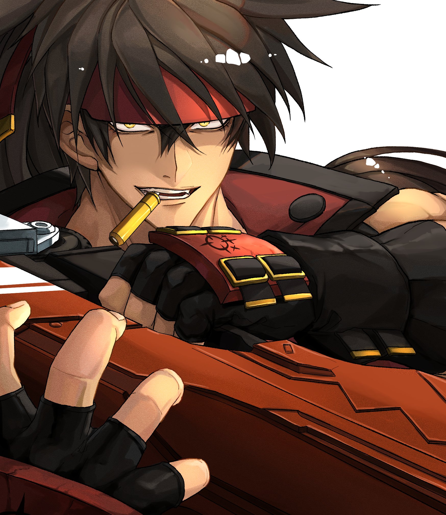 ebi pri shrimp, sol badguy, guilty gear, guilty gear xrd, highres, 1boy, arms up, black gloves, brown hair, bullet, fingerless gloves, gloves, hair between eyes, headband, headgear, junkyard dog mk iii, long hair, looking at viewer, male focus, mouth hold, parted lips, ponytail, red headband, shell casing, simple background, slit pupils, teeth, white background, yellow eyes