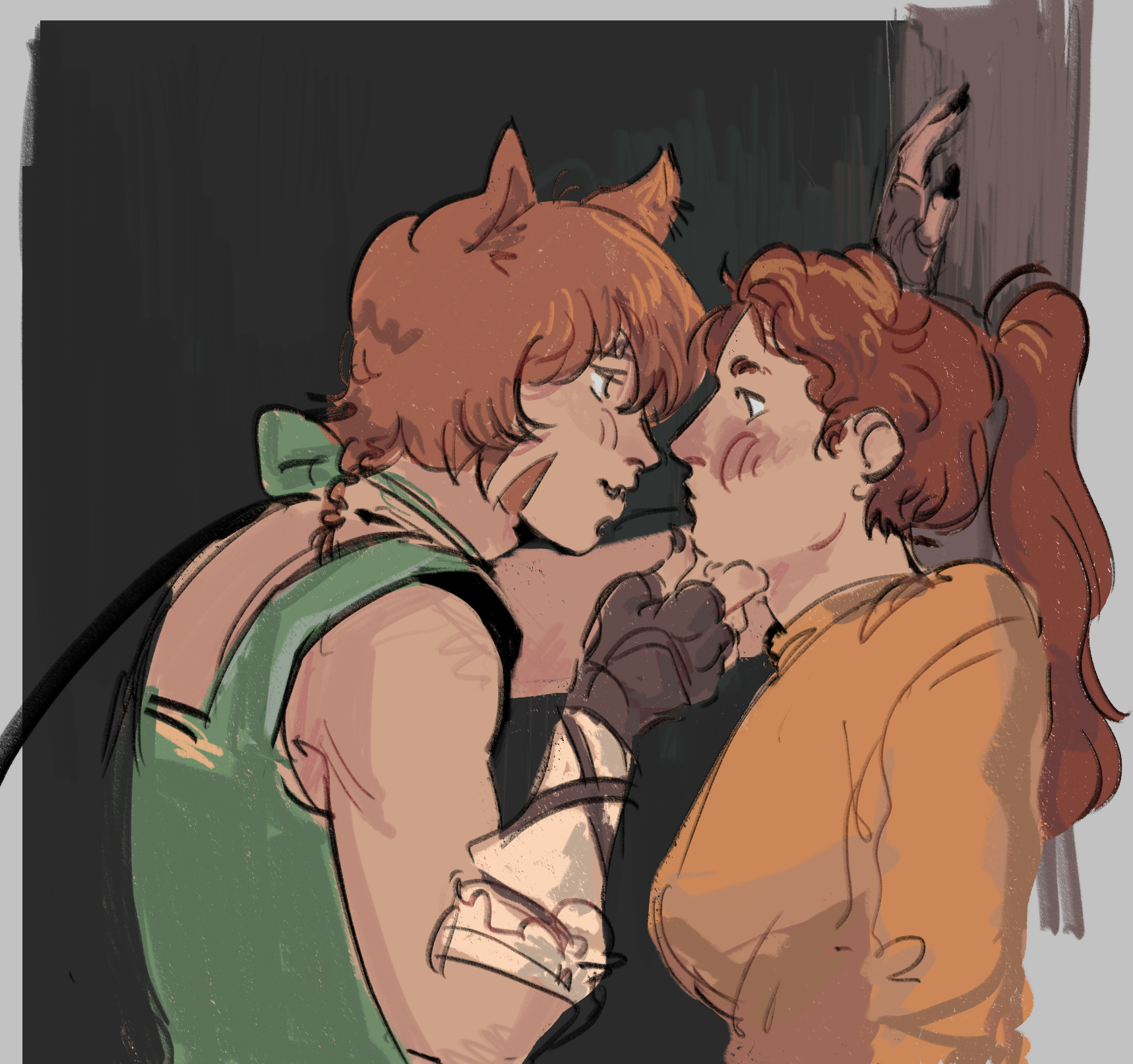 jill (fire emblem), lethe (fire emblem), fire emblem, fire emblem: path of radiance, nintendo, commentary, english commentary, highres, 2girls, animal ears, cat ears, cat girl, face-to-face, grabbing another's chin, hand on another's chin, haunterclere, kabedon, long hair, multiple girls, orange hair, ponytail, short hair, yuri