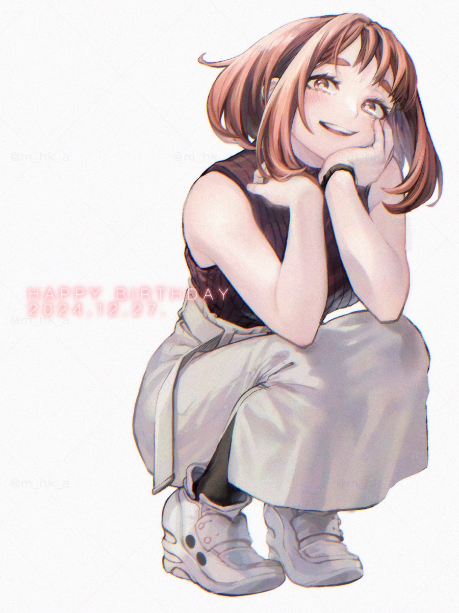 hk (nt), uraraka ochako, boku no hero academia, highres, 1girl, bare shoulders, black pantyhose, black shirt, breasts, brown eyes, brown hair, dated, full body, grey skirt, happy birthday, head on hand, long skirt, medium breasts, medium hair, open mouth, pantyhose, shirt, shoes, skirt, smile, sneakers, solo, squatting, thick eyebrows, white background, white shoes