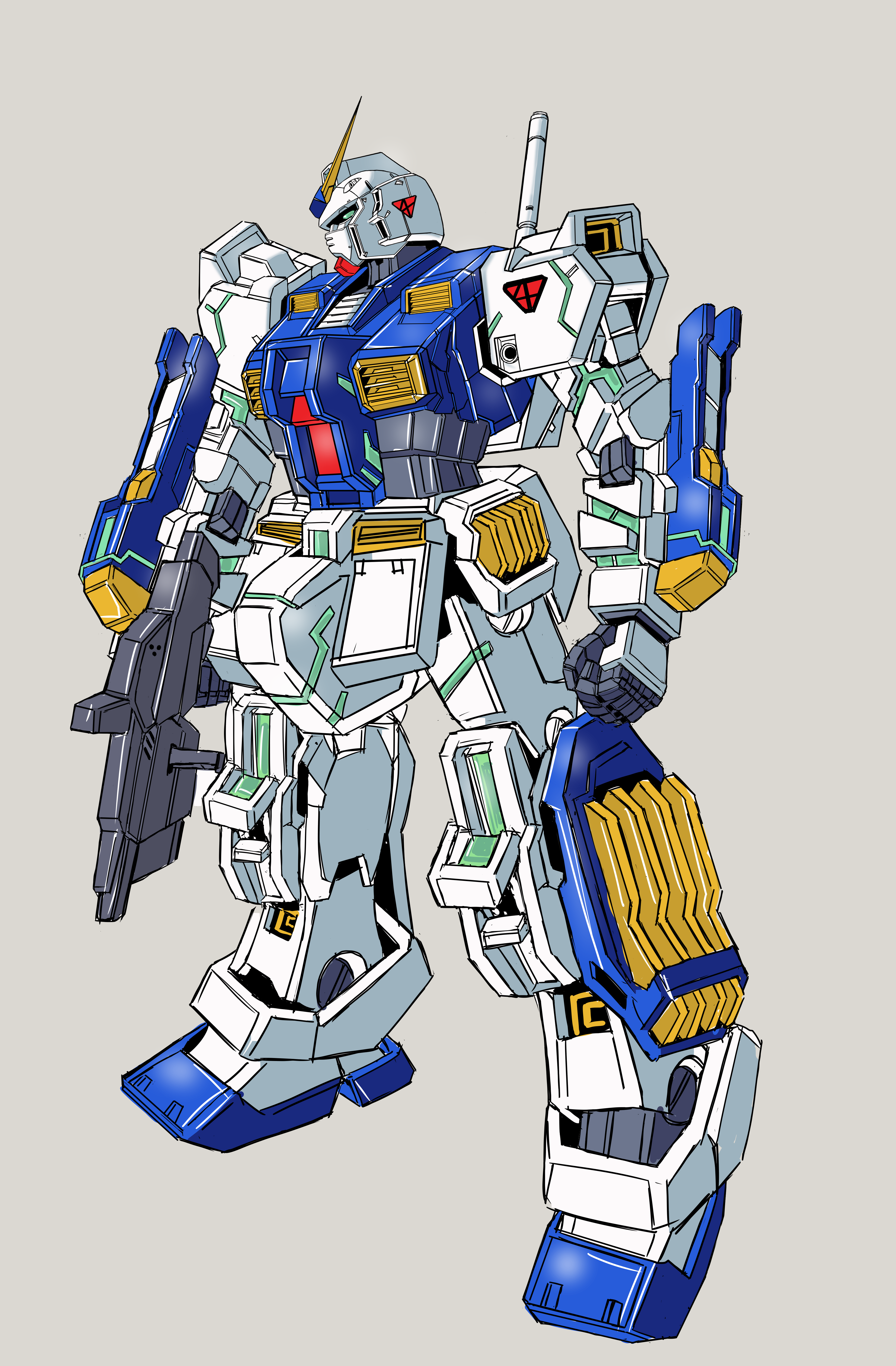 huo ji wu, gundam alex, gundam, gundam 0080, original, absurdres, commentary request, highres, arm cannon, beam rifle, earth federation, energy gun, grey background, machinery, mecha, mecha focus, mobile suit, no humans, redesign, robot, roundel, science fiction, sketch, v-fin, weapon
