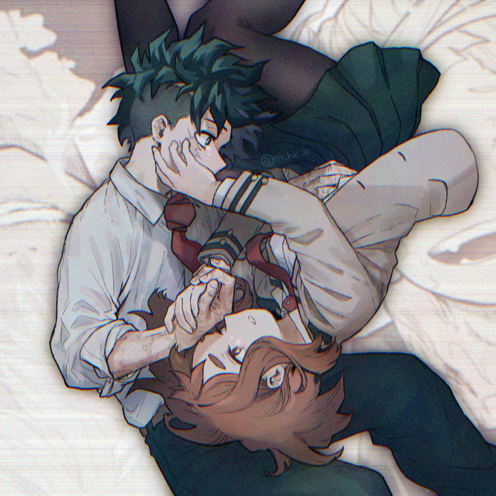 hk (nt), midoriya izuku, uraraka ochako, boku no hero academia, 1boy, 1girl, asymmetrical hair, black pantyhose, brown hair, collared shirt, couple, facial scar, feet out of frame, green hair, green pants, green skirt, grey jacket, hand on another's cheek, hand on another's face, hetero, holding hands, jacket, medium hair, necktie, pants, pantyhose, parted lips, pleated skirt, red necktie, scar, scar on cheek, scar on face, school uniform, shirt, short hair, sidecut, skirt, thick eyebrows, u.a. school uniform, undercut, white shirt