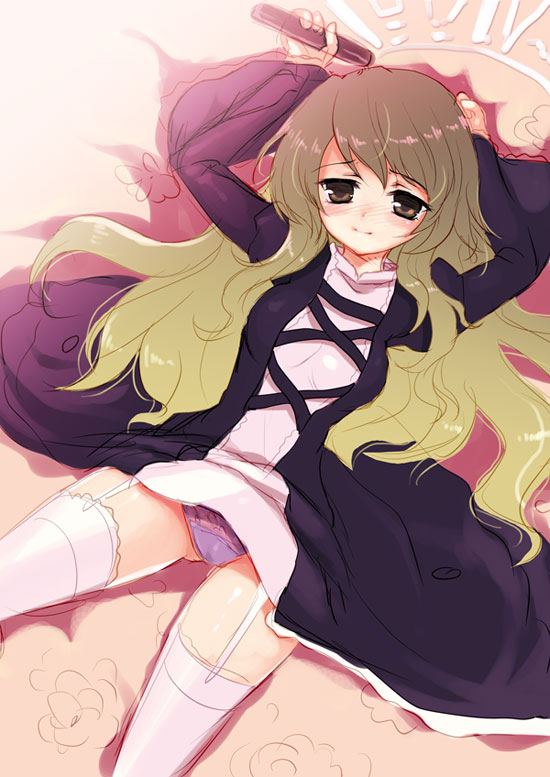 kumao mofumofu, hijiri byakuren, touhou, bad id, bad pixiv id, 1girl, blonde hair, dress, female focus, garter straps, long hair, panties, scroll, solo, thighhighs, underwear, white thighhighs, yellow eyes