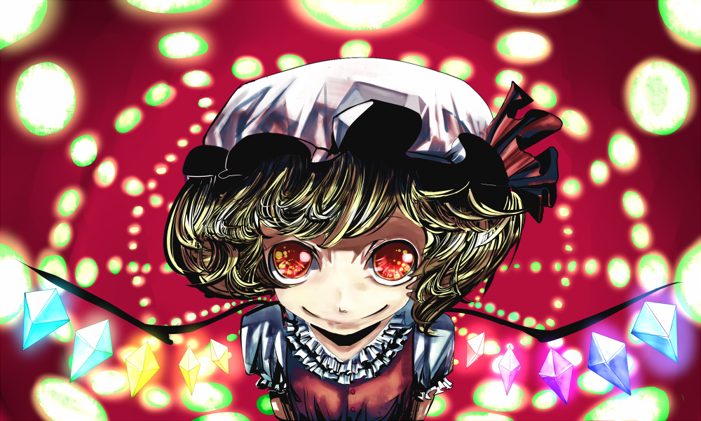 hayasisan, flandre scarlet, touhou, 1girl, blonde hair, blouse, crazy eyes, female focus, hat, mob cap, red eyes, shirt, short hair, smile, solo, upper body, white hat, white shirt, wings