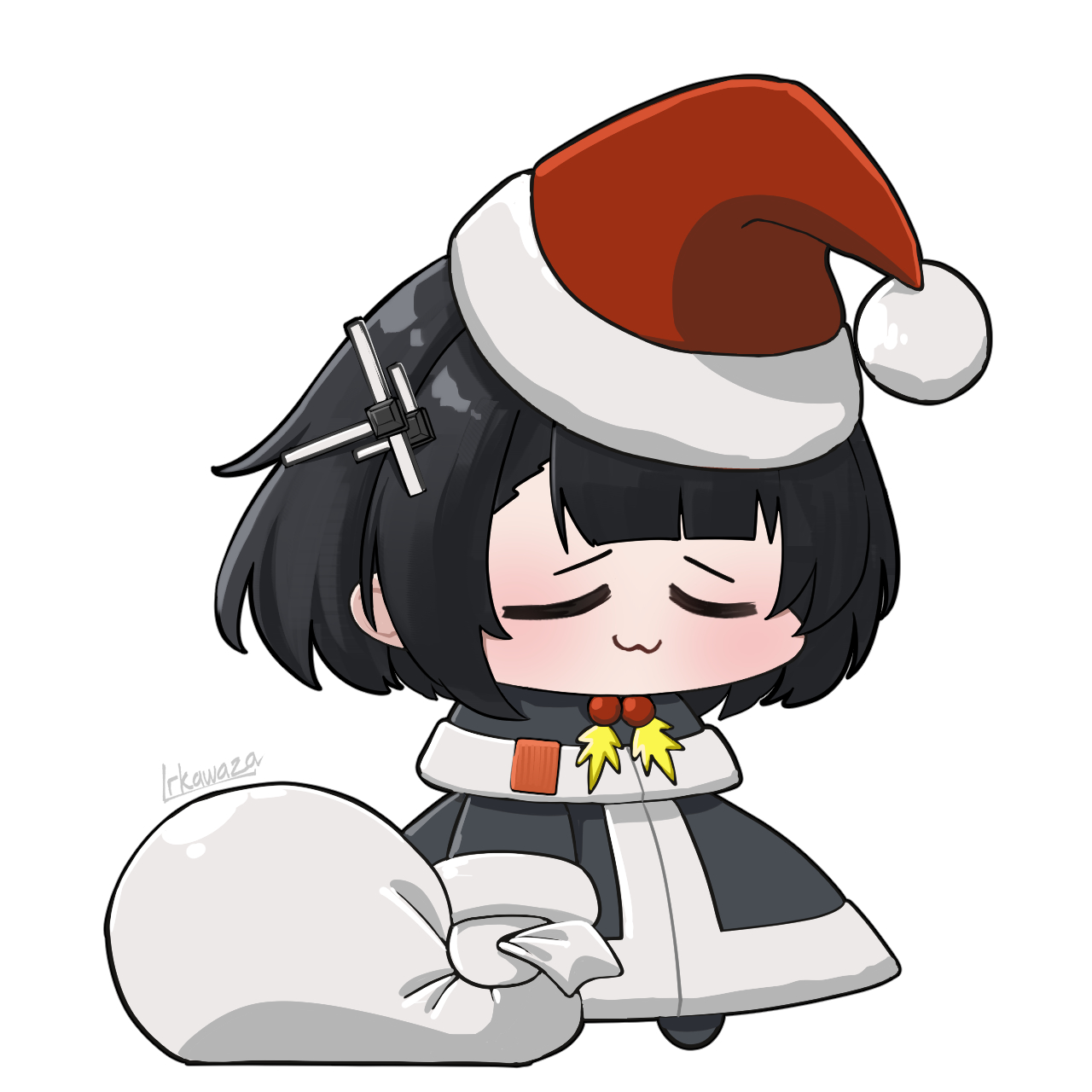 irkawaza, endministrator (arknights), female endministrator (arknights), arknights, arknights: endfield, commentary, english commentary, highres, 1girl, :3, bag, black hair, capelet, chibi, chibi only, christmas, closed eyes, closed mouth, full body, fur-trimmed capelet, fur-trimmed headwear, fur-trimmed jacket, fur trim, gloves, grey capelet, grey jacket, grey santa costume, hair ornament, hat, holding, holding bag, holding sack, holly, jacket, long sleeves, meme, padoru (meme), red hat, sack, santa costume, santa hat, short hair, signature, simple background, smile, solo, standing, white background, white gloves