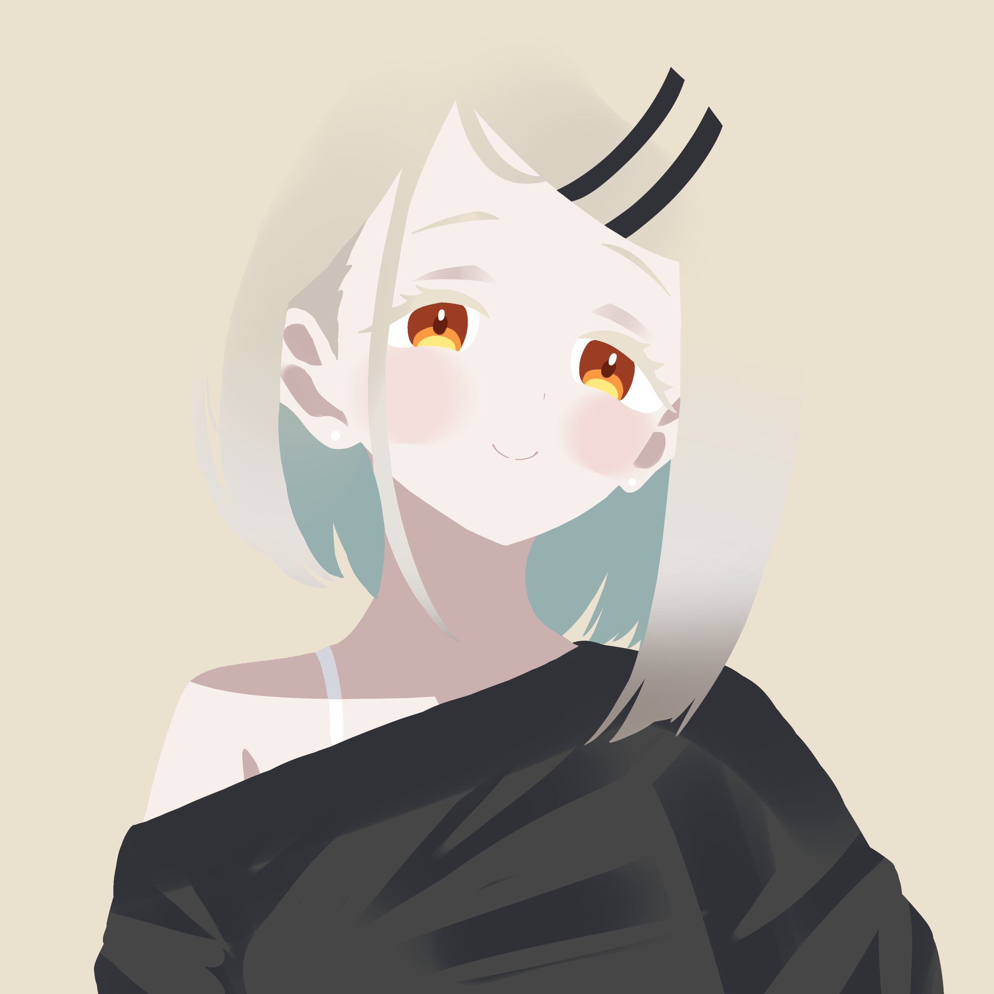 eciechiwawa, shinosawa hiro, gakuen idolmaster, idolmaster, commentary request, highres, 1girl, black shirt, blonde hair, blue hair, blush, bra strap, colored inner hair, ear piercing, hair ornament, hairclip, looking at viewer, multicolored hair, off-shoulder shirt, off shoulder, orange eyes, parallel hairclips, parted bangs, piercing, shirt, sidelocks, simple background, smile, solo, spaghetti strap, upper body