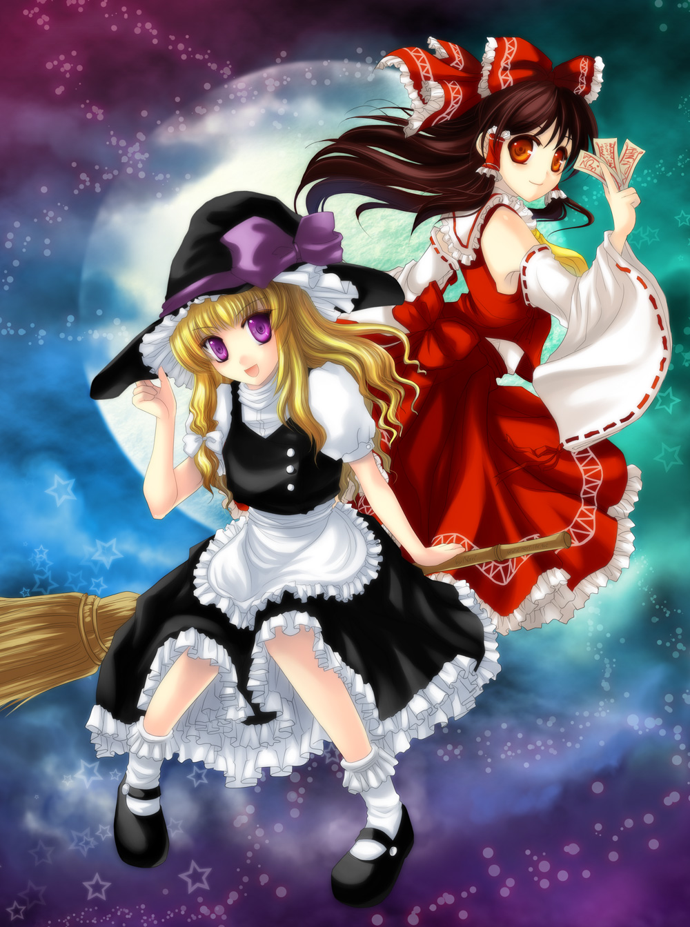 nori (infinite r-evolution), hakurei reimu, kirisame marisa, touhou, bad id, bad pixiv id, highres, 2girls, black hair, bow, broom, brown hair, detached sleeves, female focus, hat, japanese clothes, miko, multiple girls, red eyes, short hair, witch, witch hat