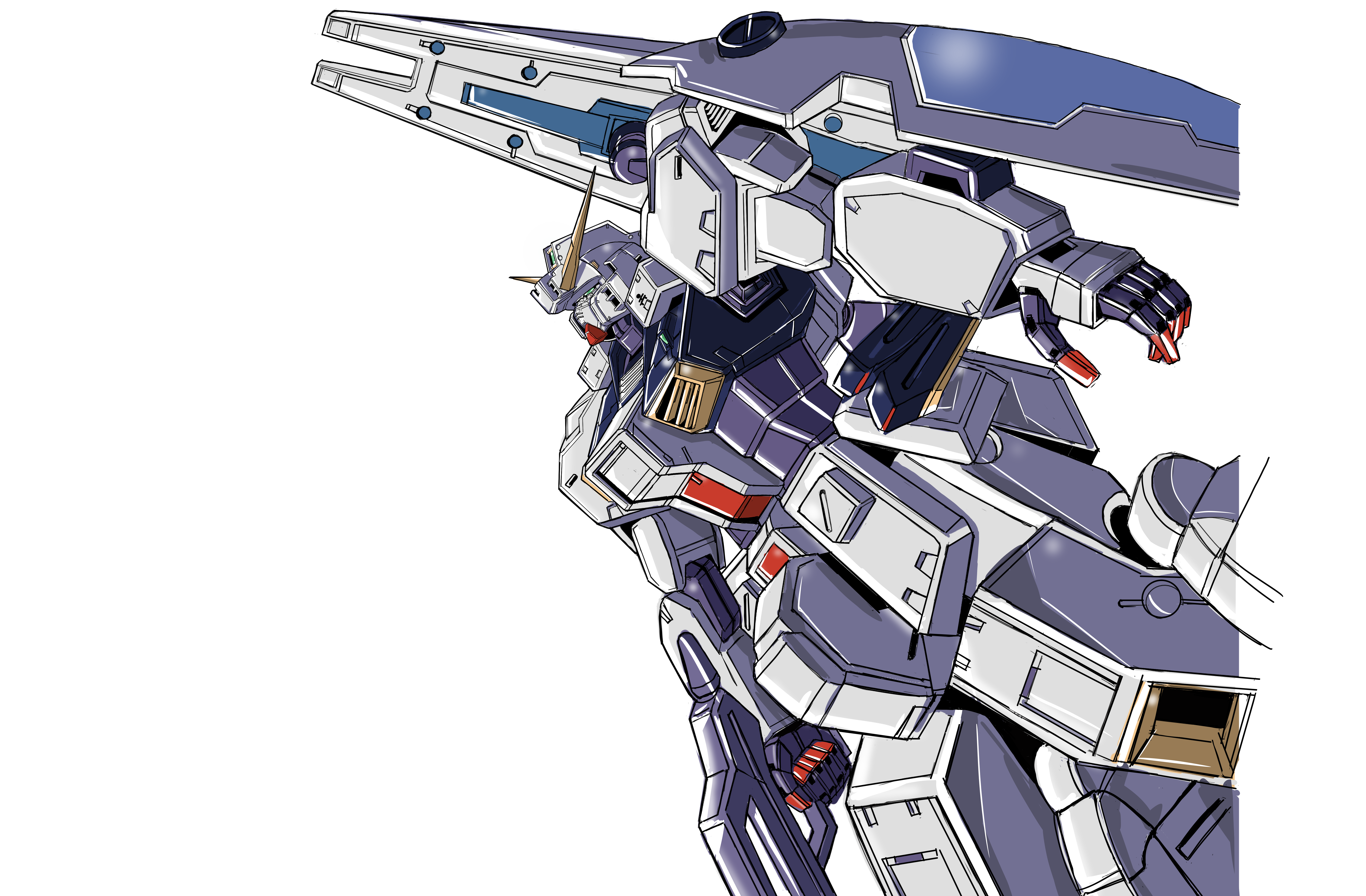 huo ji wu, gundam tr-1 hazel, hazel custom gundam, advance of zeta, gundam, absurdres, commentary request, highres, beam rifle, energy gun, machinery, mecha, mecha focus, mobile suit, no humans, robot, science fiction, shield, titans (gundam), v-fin, weapon, white background