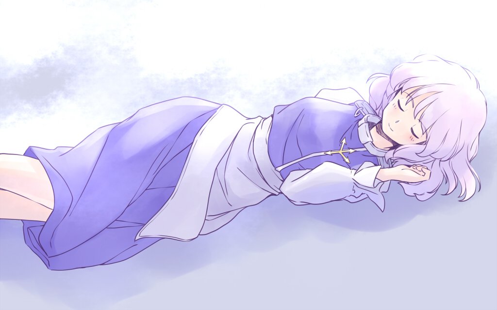 rangycrow, letty whiterock, touhou, commentary request, 1girl, apron, blue skirt, blue vest, blush, closed eyes, feet out of frame, grey background, long sleeves, lying, medium hair, no headwear, on side, one-hour drawing challenge, polearm, purple hair, shirt, skirt, smile, solo, trident, vest, weapon, white apron, white shirt