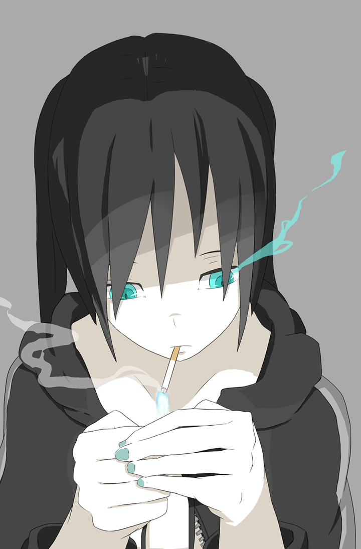 matsutake (nodamiki), matsutake (pugo0919), black rock shooter (character), black rock shooter, 10s, 1girl, black hair, blue eyes, cigarette, female focus, glowing, glowing eyes, monochrome, pale skin, simple background, smoking, solo, spot color, twintails