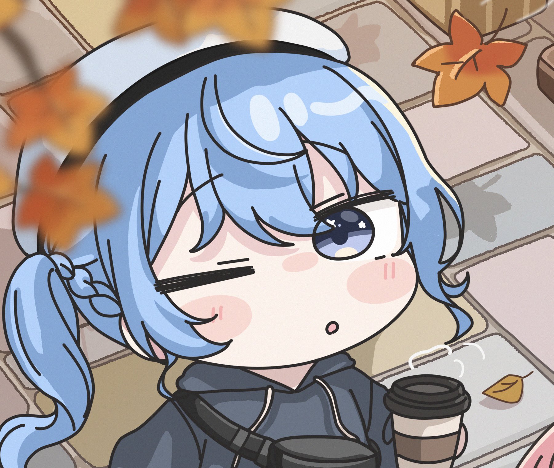 mochimiko, hoshimachi suisei, hololive, commentary request, highres, 1girl, autumn leaves, beret, black hoodie, blue eyes, blue hair, blurry, blurry foreground, braid, cup, day, depth of field, disposable coffee cup, disposable cup, drawstring, fanny pack, hat, hood, hood down, hoodie, leaf, long hair, maple leaf, outdoors, side ponytail, solo, star (symbol), star in eye, symbol in eye, upper body, virtual youtuber, white hat