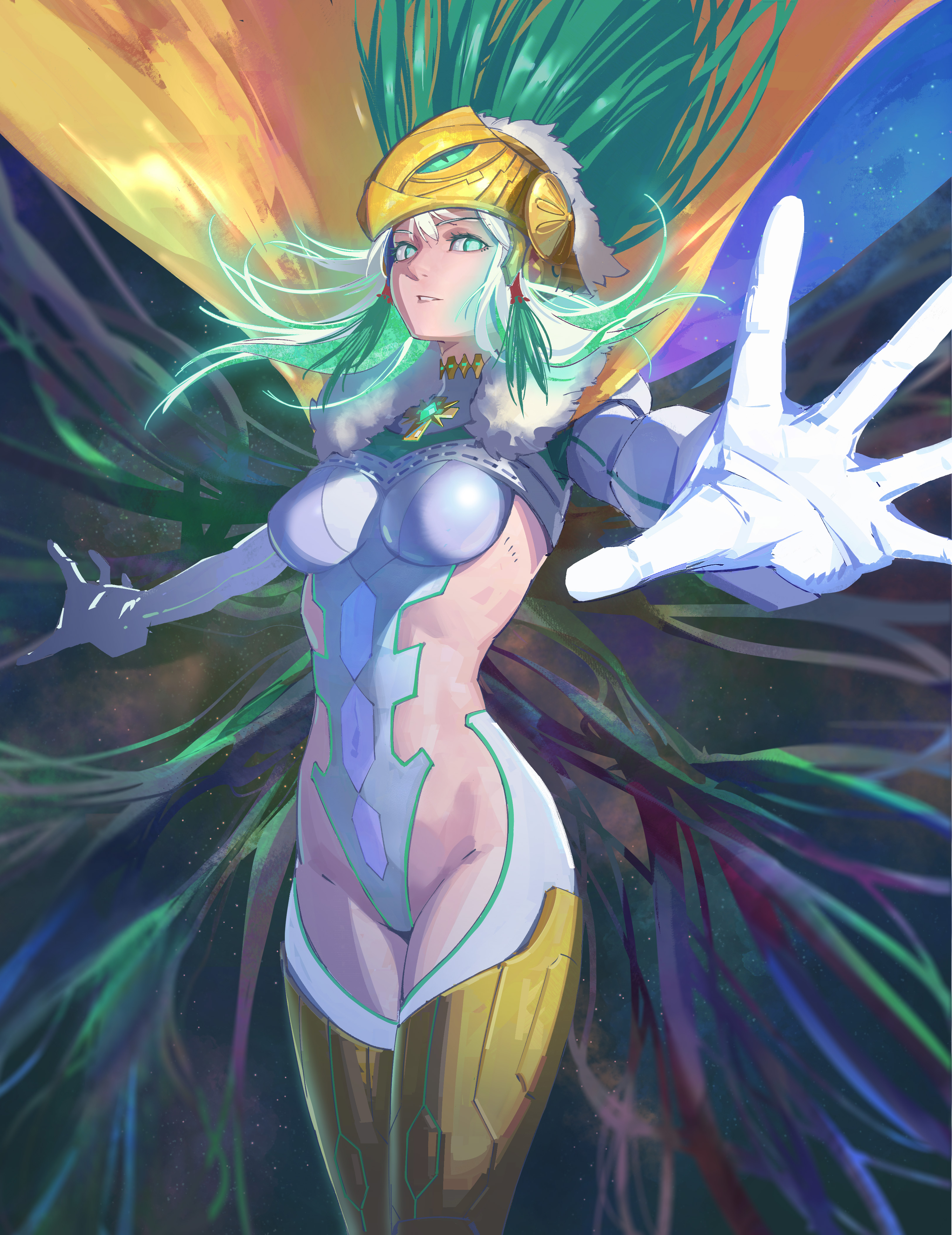 bbbaozi, kukulkan (fate), kukulkan (third ascension) (fate), fate/grand order, fate (series), absurdres, commentary request, highres, 1girl, colored inner hair, gold helmet, green eyes, green hair, grin, helmet, leotard, long hair, looking to the side, multicolored hair, smile, solo, white hair, white leotard