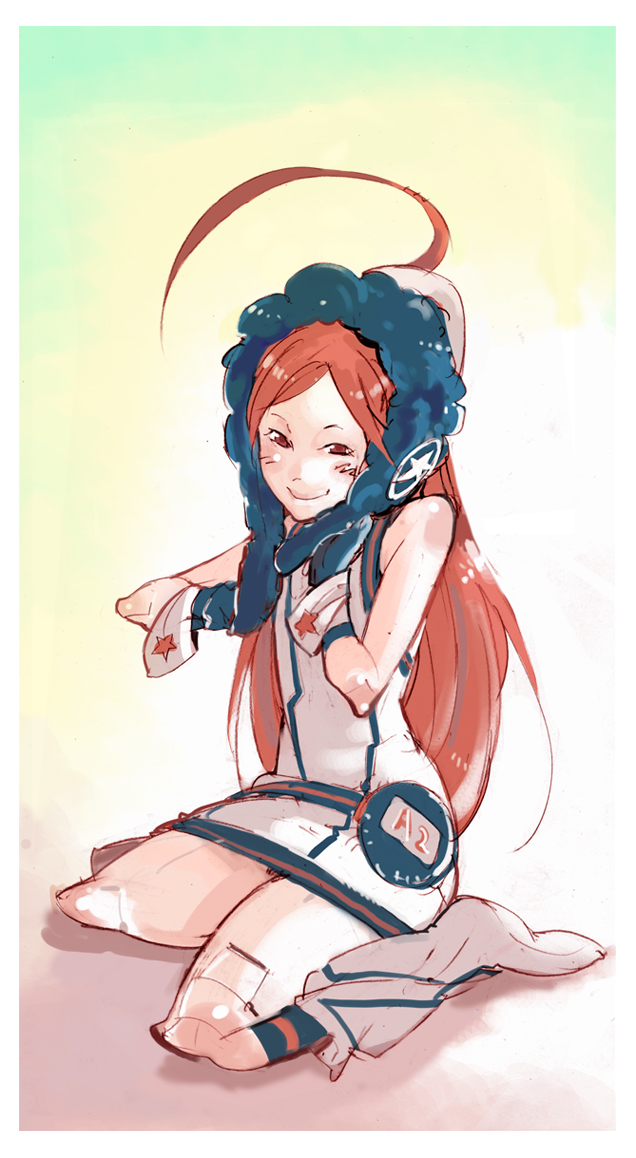 miyashita hiroki, sf-a2 miki, vocaloid, ahoge, blush, doll joints, gloves, joints, kneehighs, kneeling, red hair, robot joints, socks, solo, star (symbol), striped clothes, striped socks