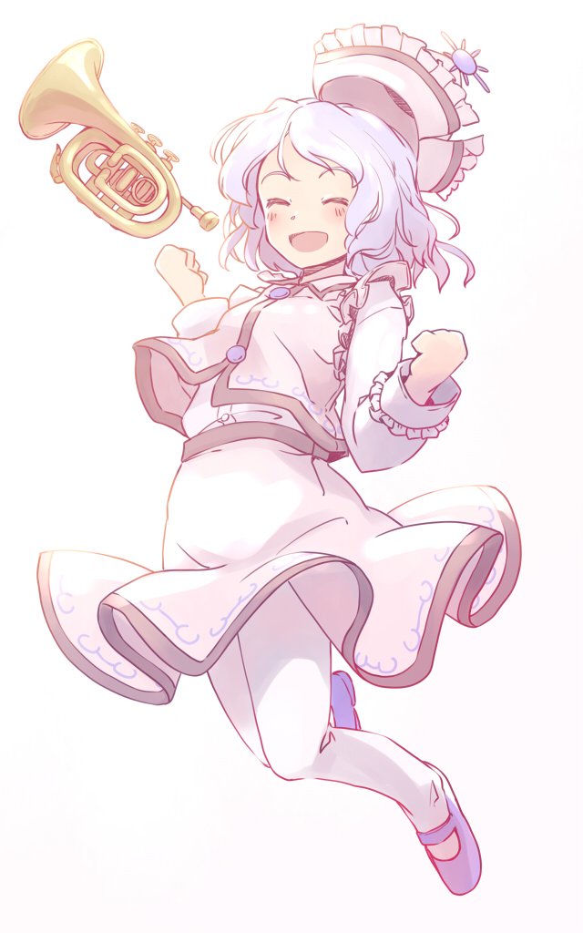 rangycrow, merlin prismriver, touhou, commentary request, 1girl, :d, blue hair, blue shoes, blush, buttons, closed eyes, collared vest, fist pump, floating instrument, frilled hat, frills, full body, hat, instrument, long sleeves, mary janes, medium hair, one-hour drawing challenge, open mouth, pantyhose, pink background, pink hat, pink skirt, pink vest, shirt, shoes, skirt, smile, solo, sun hat ornament, trumpet, vest, white pantyhose, white shirt