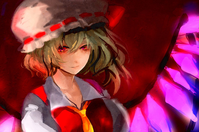 otsukaresanpo, flandre scarlet, touhou, bad id, bad pixiv id, 1girl, blonde hair, blouse, collared shirt, female focus, hair between eyes, hat, mob cap, red eyes, shirt, short hair, solo, upper body, white hat, white shirt, wings