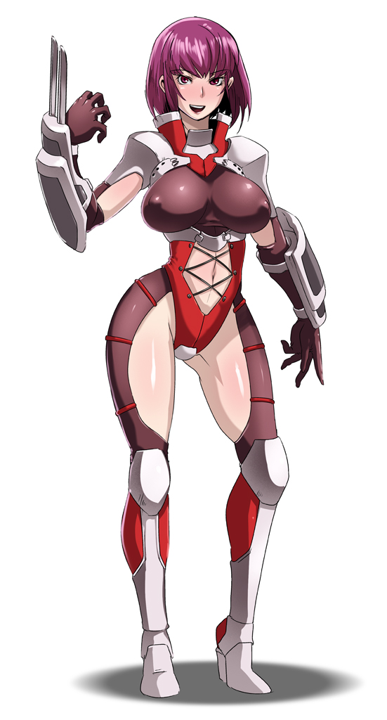 butcha-u, oboro (taimanin asagi), taimanin (series), taimanin asagi, 00s, 1girl, breasts, claws, elbow gloves, female focus, gloves, hip focus, large breasts, leotard, ninja, nipples, red eyes, red hair, short hair, solo, wide hips