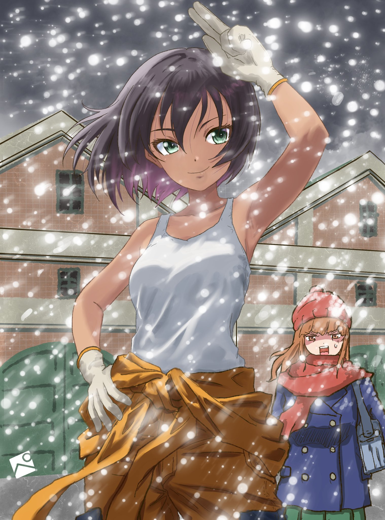 kainushi, hoshino (girls und panzer), girls und panzer, highres, 2girls, bag, blue eyes, blue jacket, brown eyes, brown hair, feet out of frame, gloves, green skirt, hand on own hip, hat, jacket, jumpsuit, long hair, long sleeves, looking at another, looking at viewer, multiple girls, night, orange jumpsuit, outdoors, red scarf, scarf, school bag, school uniform, shirt, short hair, skirt, snowing, standing, surprised, sweat, teeth, upper teeth only, white gloves, white shirt