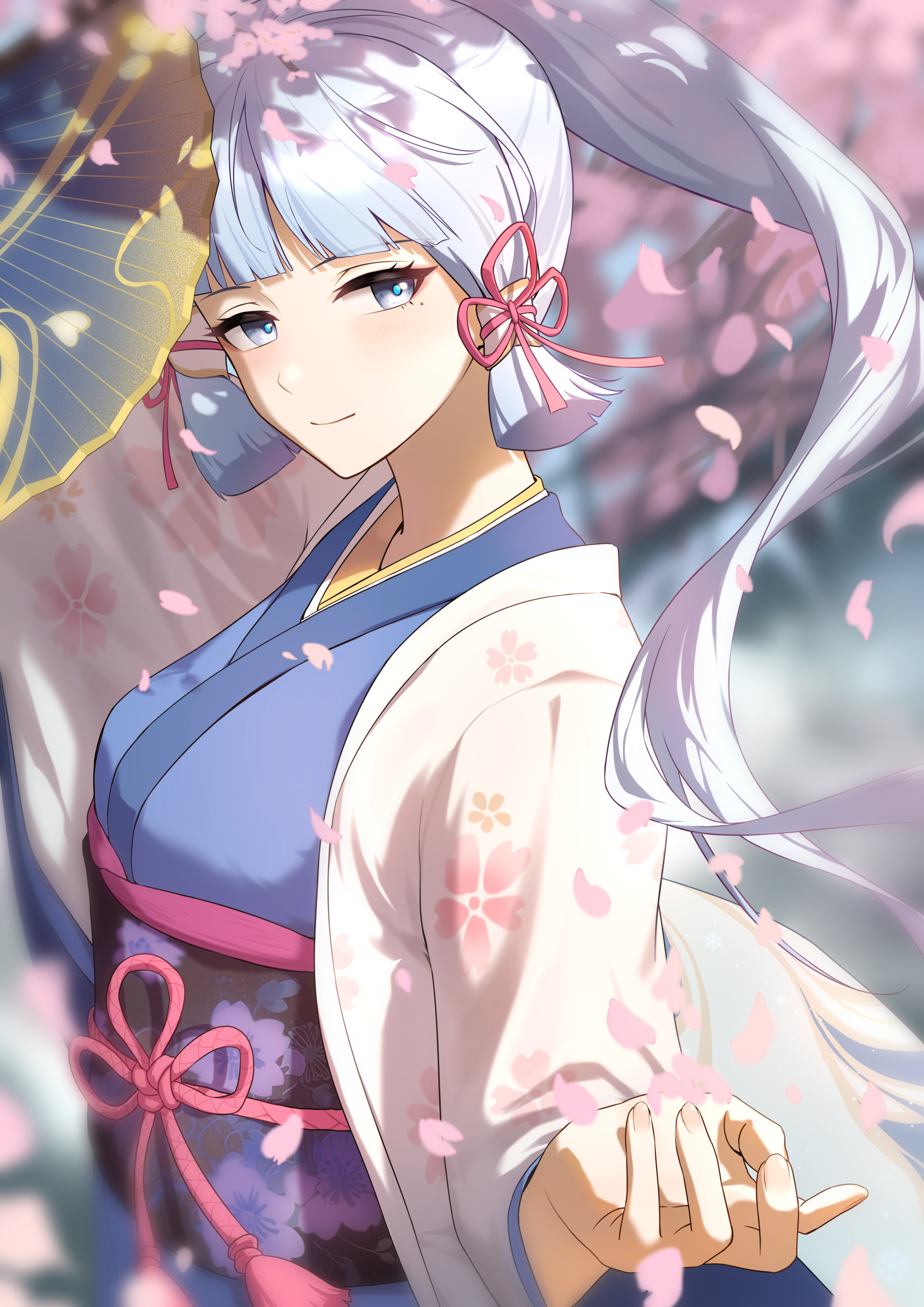 blackuey, ayaka (genshin impact), genshin impact, absurdres, commentary request, highres, 1girl, alternate costume, blue eyes, blue hair, blue kimono, blue pupils, blurry, blurry background, breasts, cherry blossoms, closed mouth, falling petals, floating hair, hand fan, haori, holding, holding fan, japanese clothes, kimono, long hair, looking at viewer, medium breasts, obi, obiage, obijime, offering hand, outdoors, petals, ponytail, sash, smile, solo, upper body, white haori